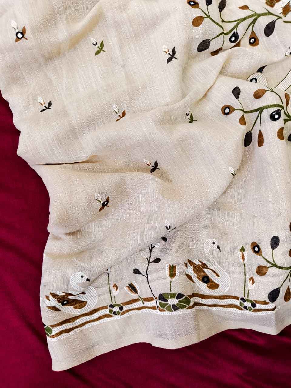 PURE SOFT LINEN SWAN DESIGN AARI MIRROR WORK SAREE 