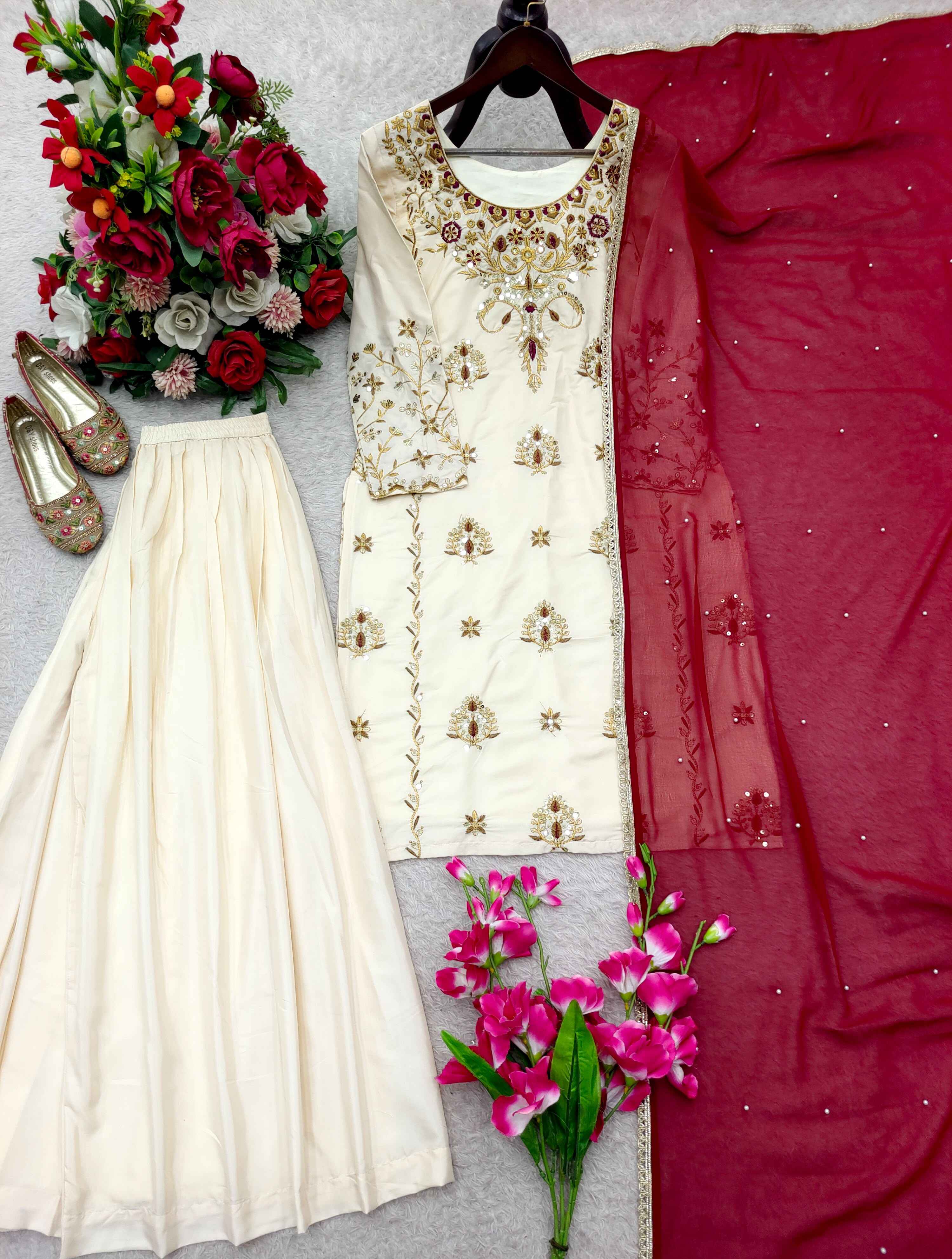 PURE NATURAL CREPE EMBROIDERY SEQUENCE WORK READYMADE SUIT 