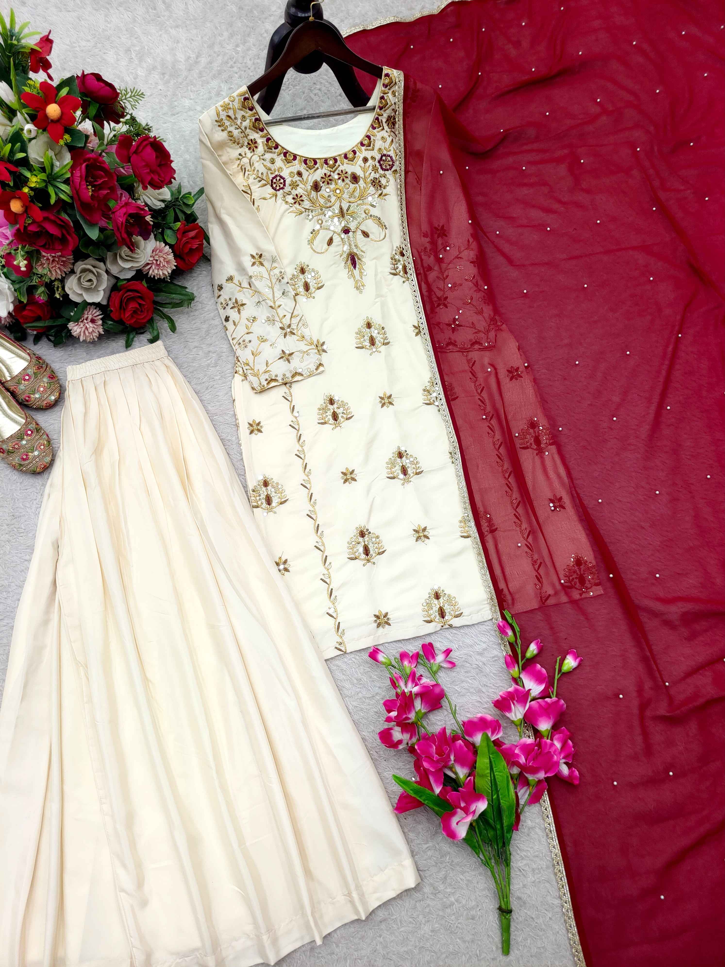 PURE NATURAL CREPE EMBROIDERY SEQUENCE WORK READYMADE SUIT 
