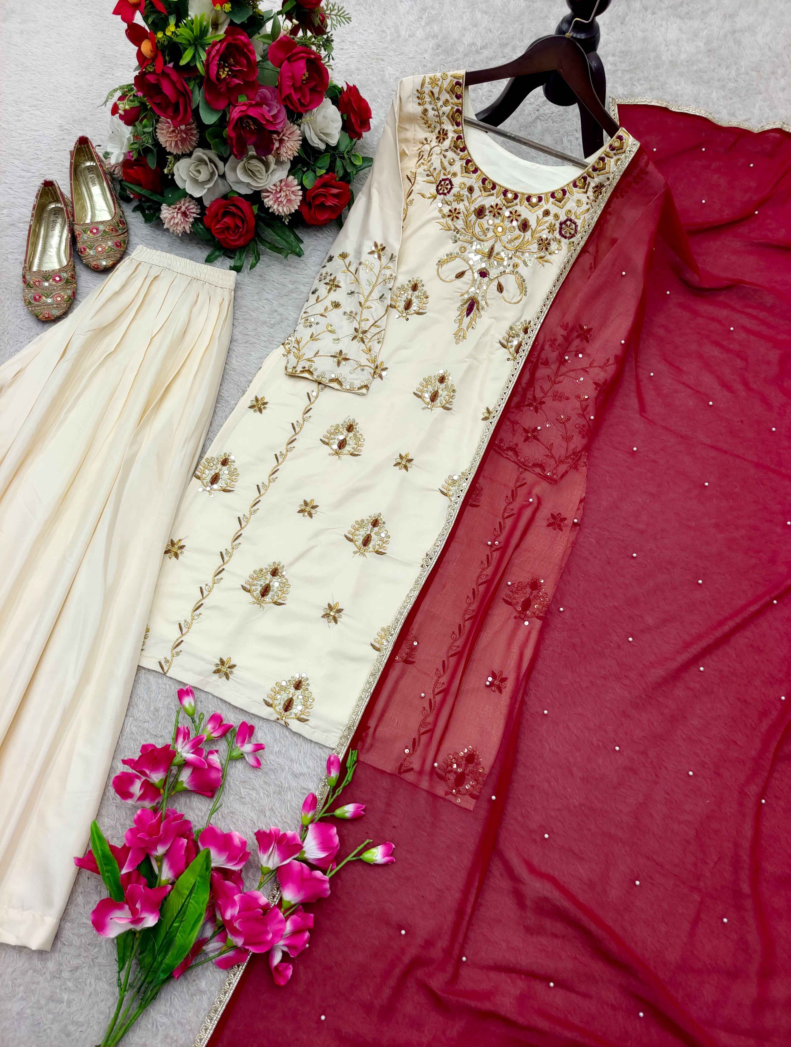 PURE NATURAL CREPE EMBROIDERY SEQUENCE WORK READYMADE SUIT 