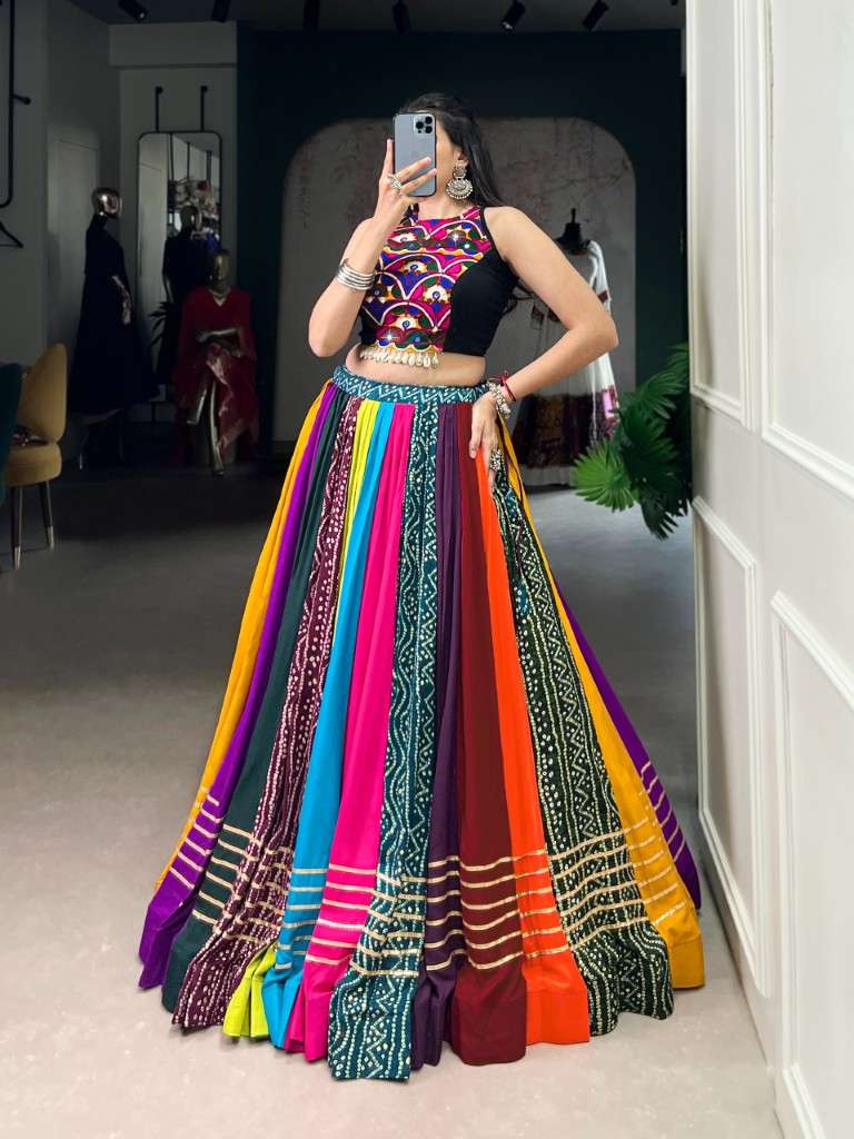 PURE RAYON PRINTED WITH GOTA PATTI TOUCH UP NAVRATRI LEHENGA CHOLI COLLECTION AT WHOLESALE PRICE 