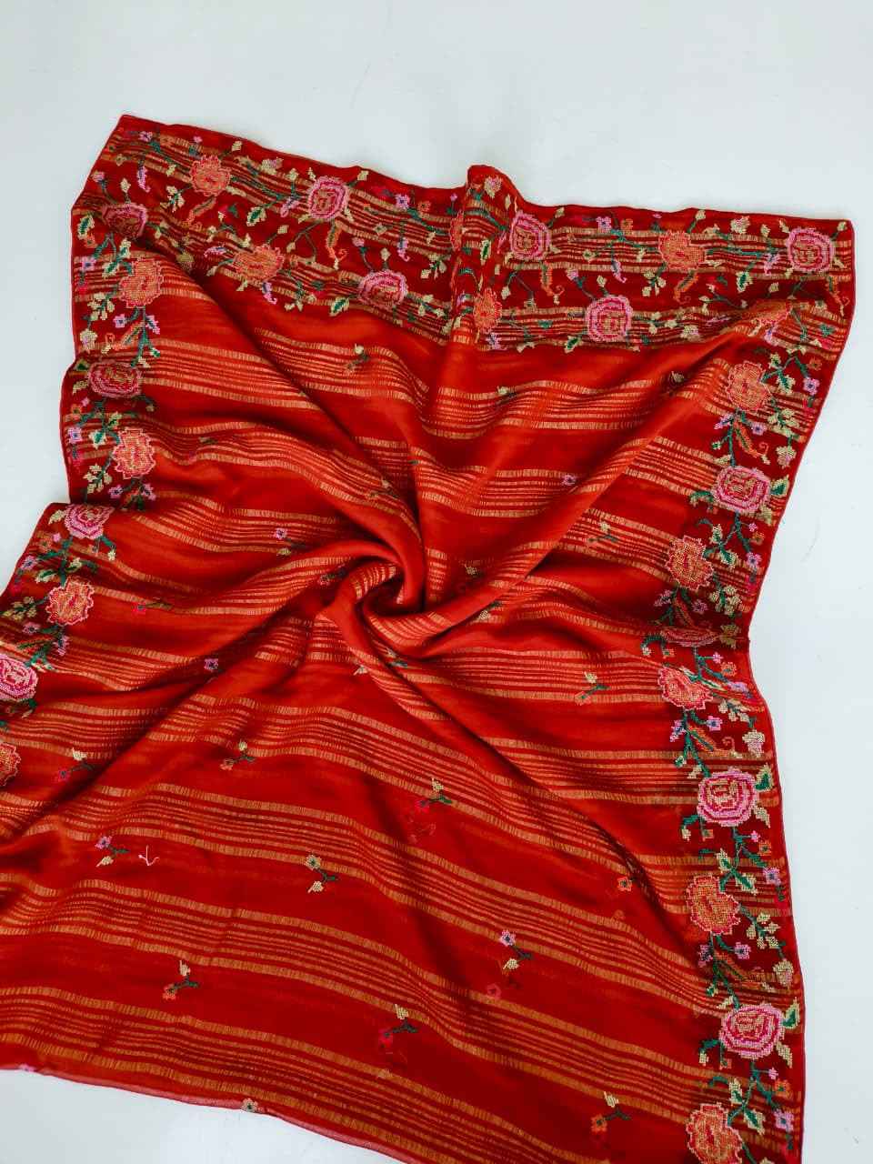 PURE SOFT CHIFFON FANCY WEAVING PATTA 6 NEEDLE PETITE POINT WORK SAREE 