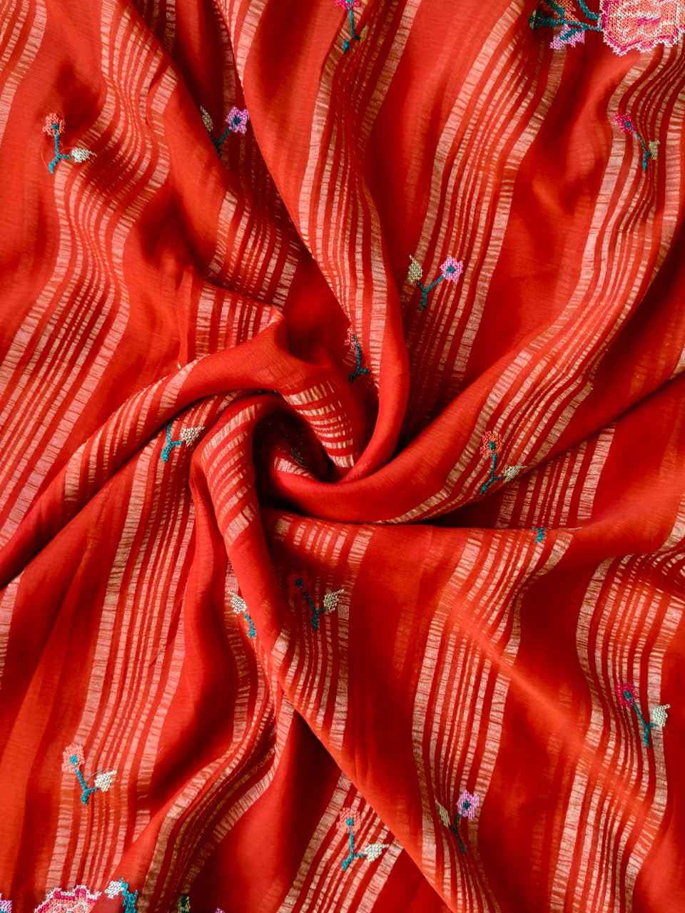 PURE SOFT CHIFFON FANCY WEAVING PATTA 6 NEEDLE PETITE POINT WORK SAREE 