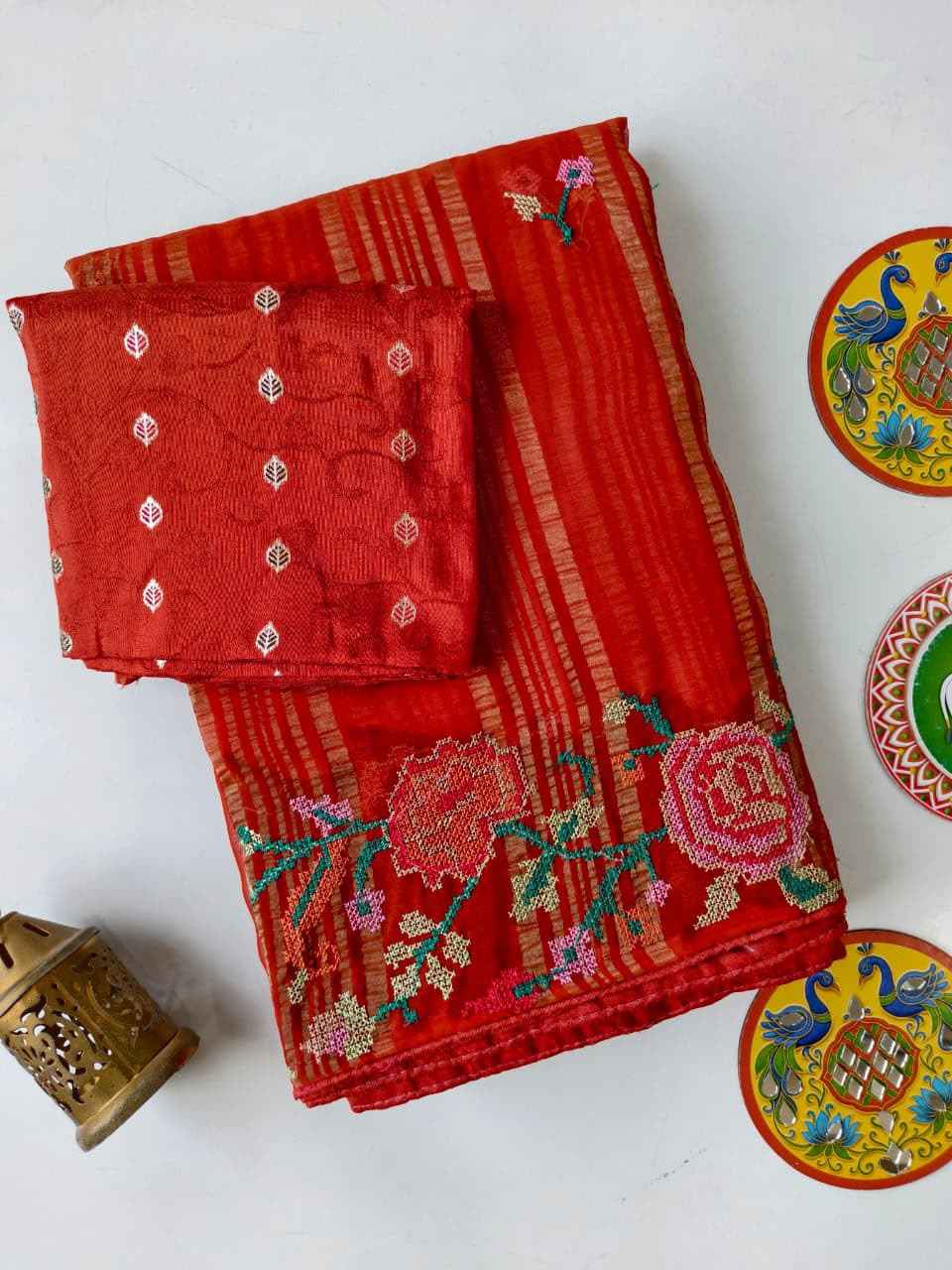 PURE SOFT CHIFFON FANCY WEAVING PATTA 6 NEEDLE PETITE POINT WORK SAREE 