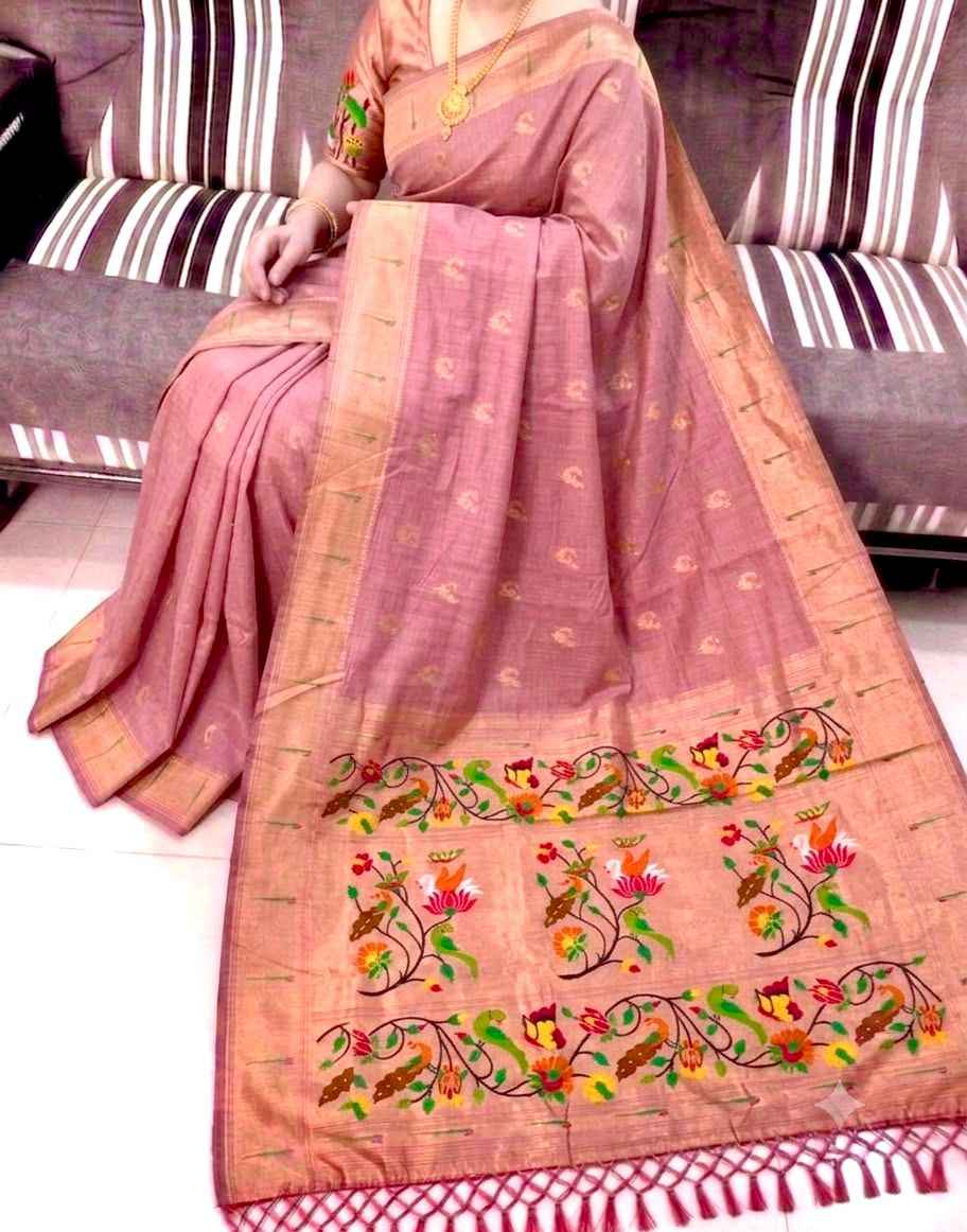 PURE SOFT MUGA COTTON ZARI WEAVING MUNIYA PAITHANI SAREE 1