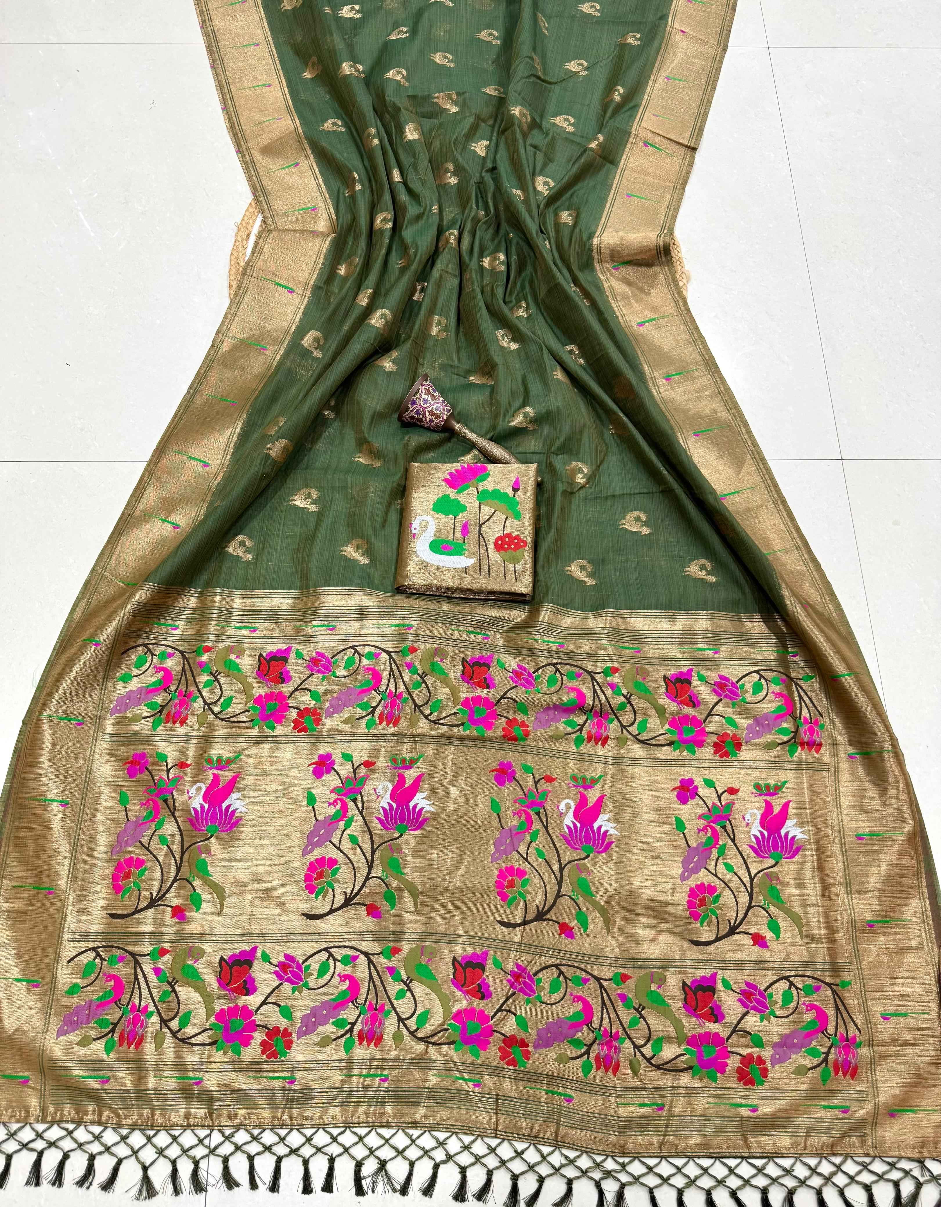 PURE SOFT MUGA COTTON ZARI WEAVING MUNIYA PAITHANI SAREE 1