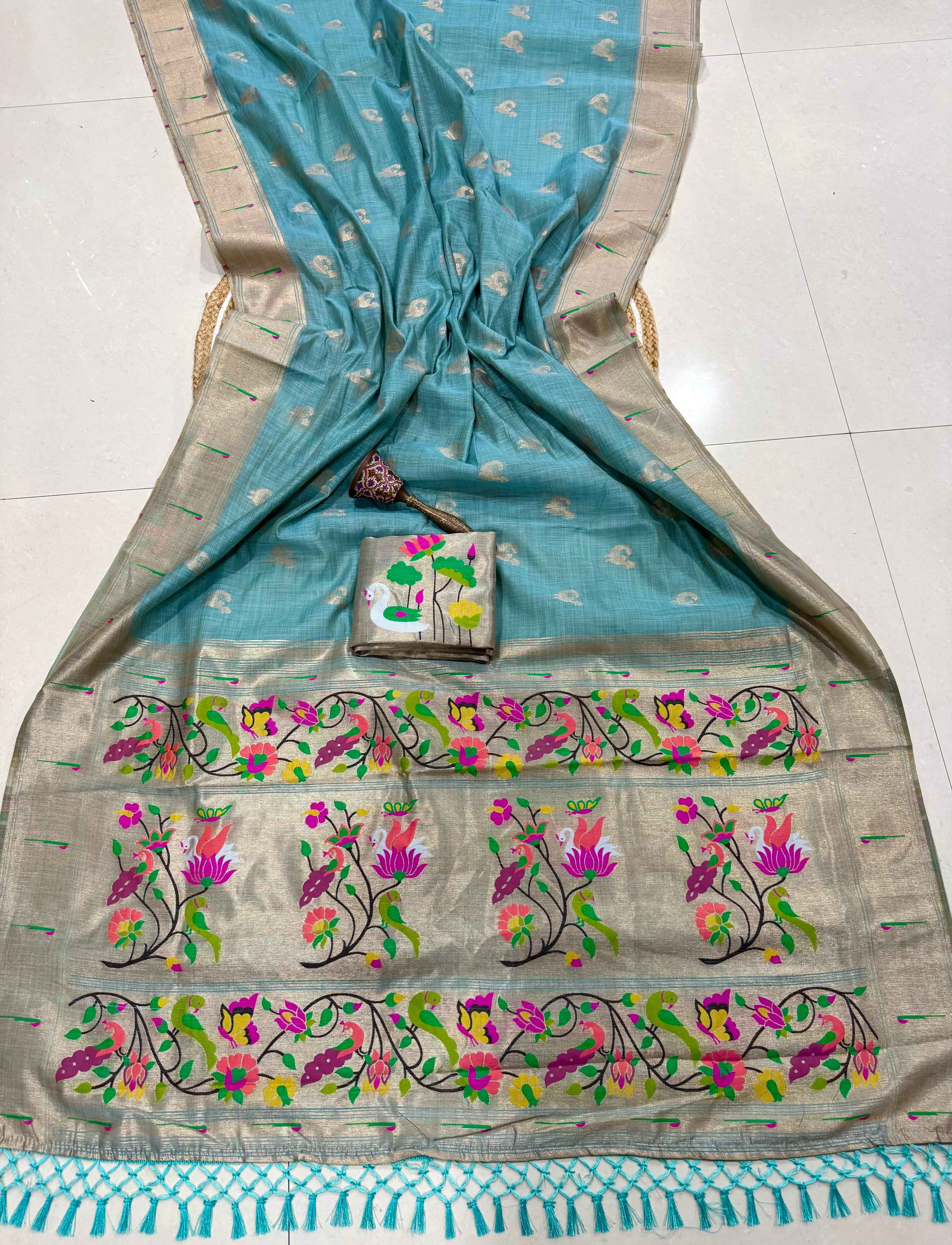 PURE SOFT MUGA COTTON ZARI WEAVING MUNIYA PAITHANI SAREE 1