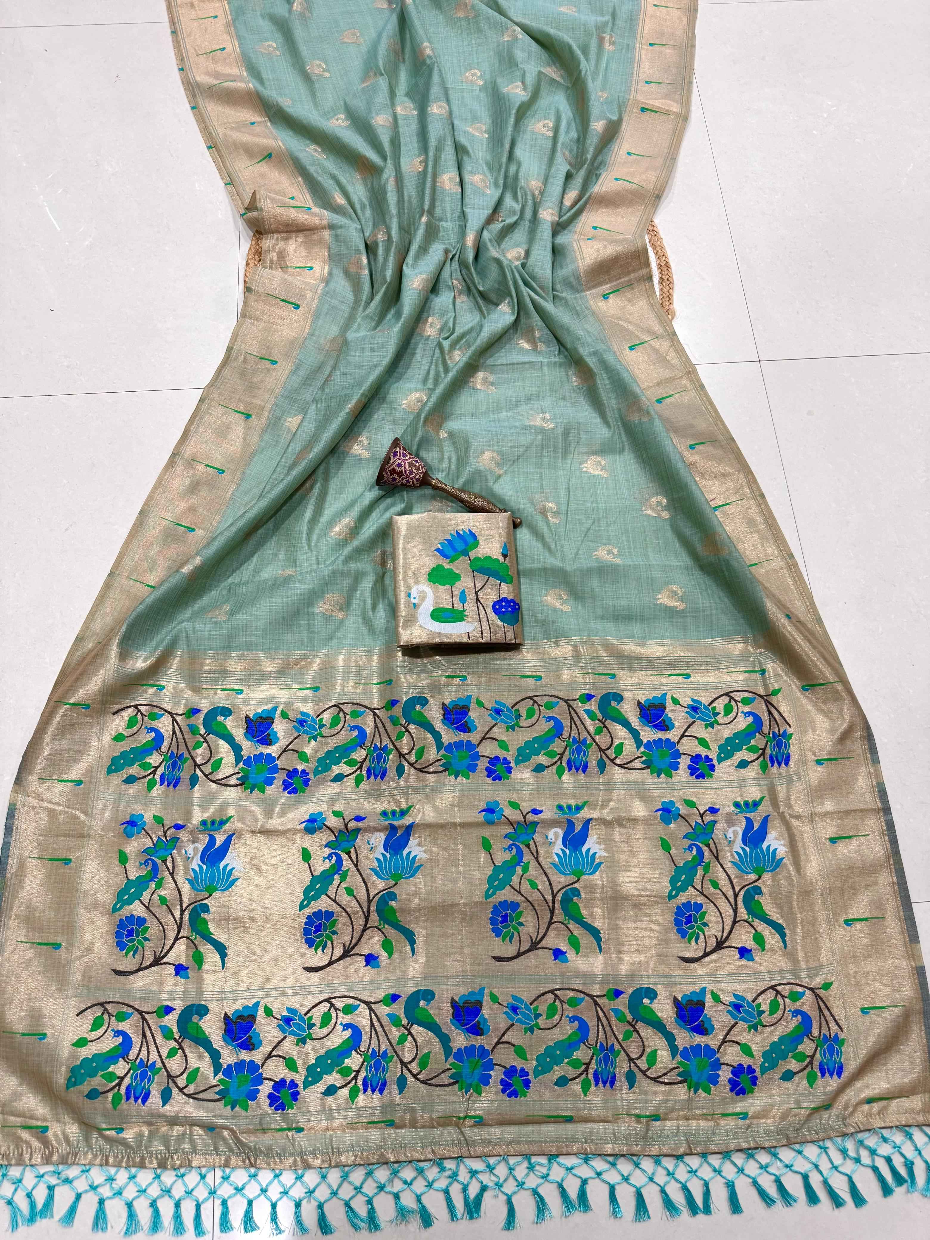 PURE SOFT MUGA COTTON ZARI WEAVING MUNIYA PAITHANI SAREE 1