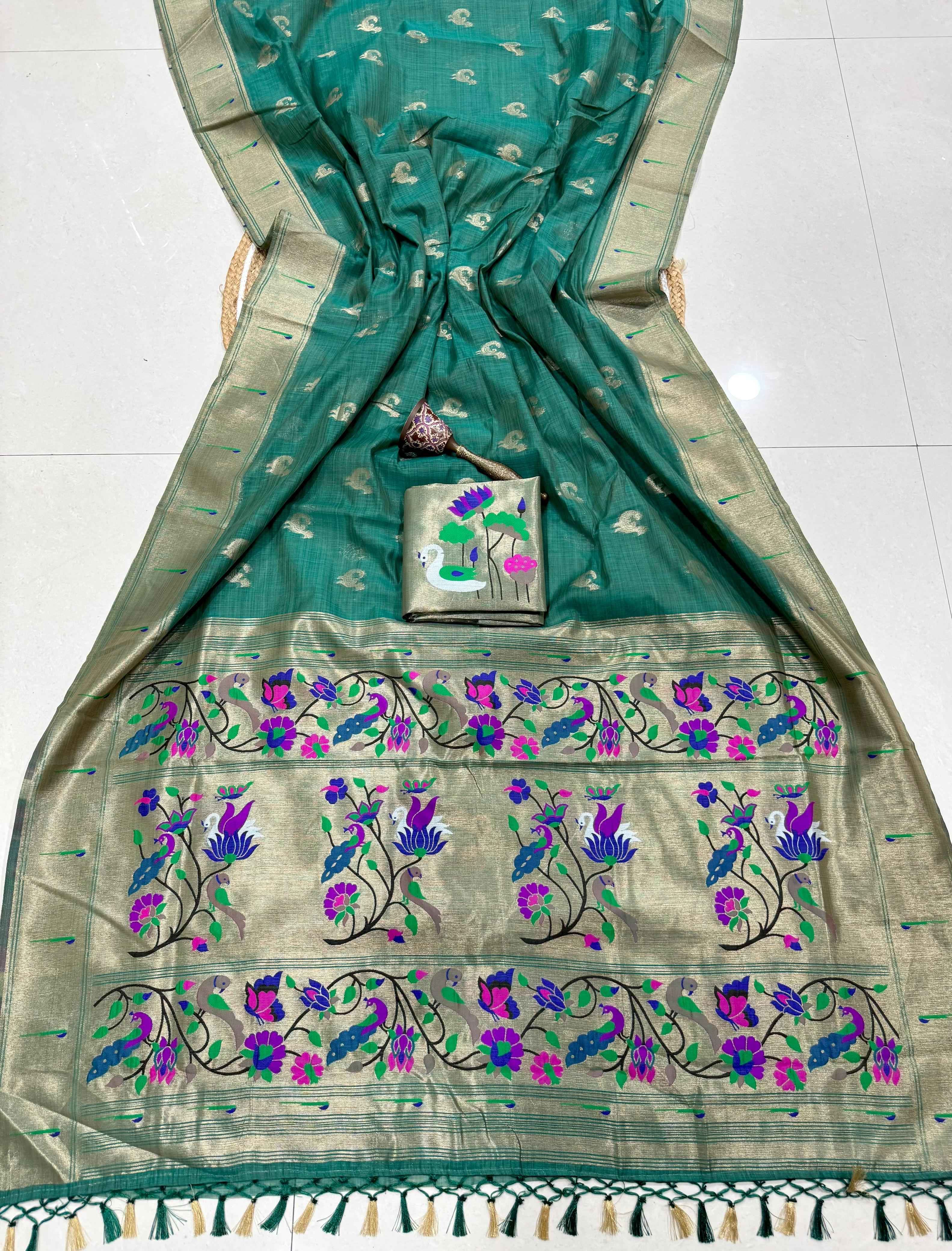 PURE SOFT MUGA COTTON ZARI WEAVING MUNIYA PAITHANI SAREE 1