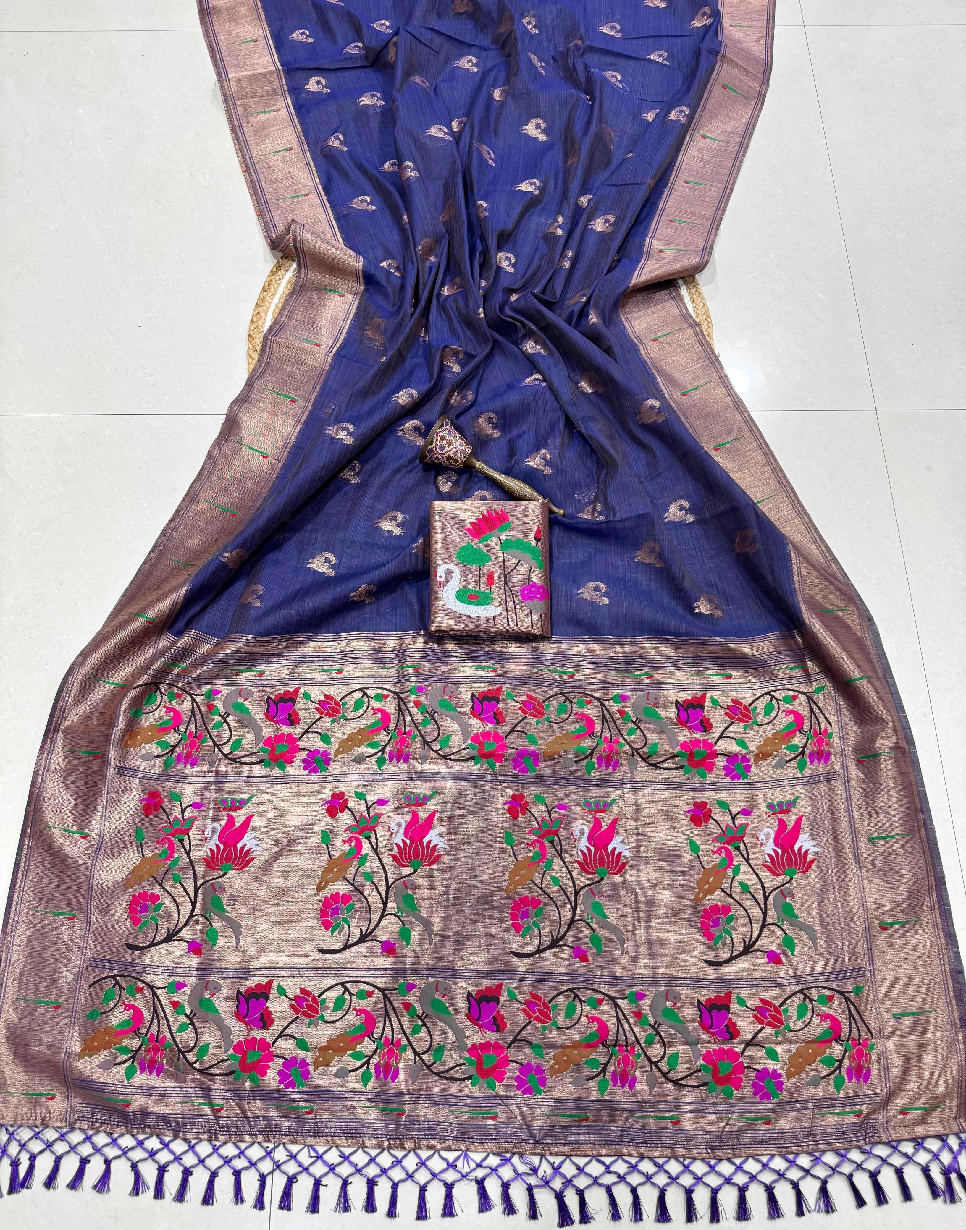 PURE SOFT MUGA COTTON ZARI WEAVING MUNIYA PAITHANI SAREE 1