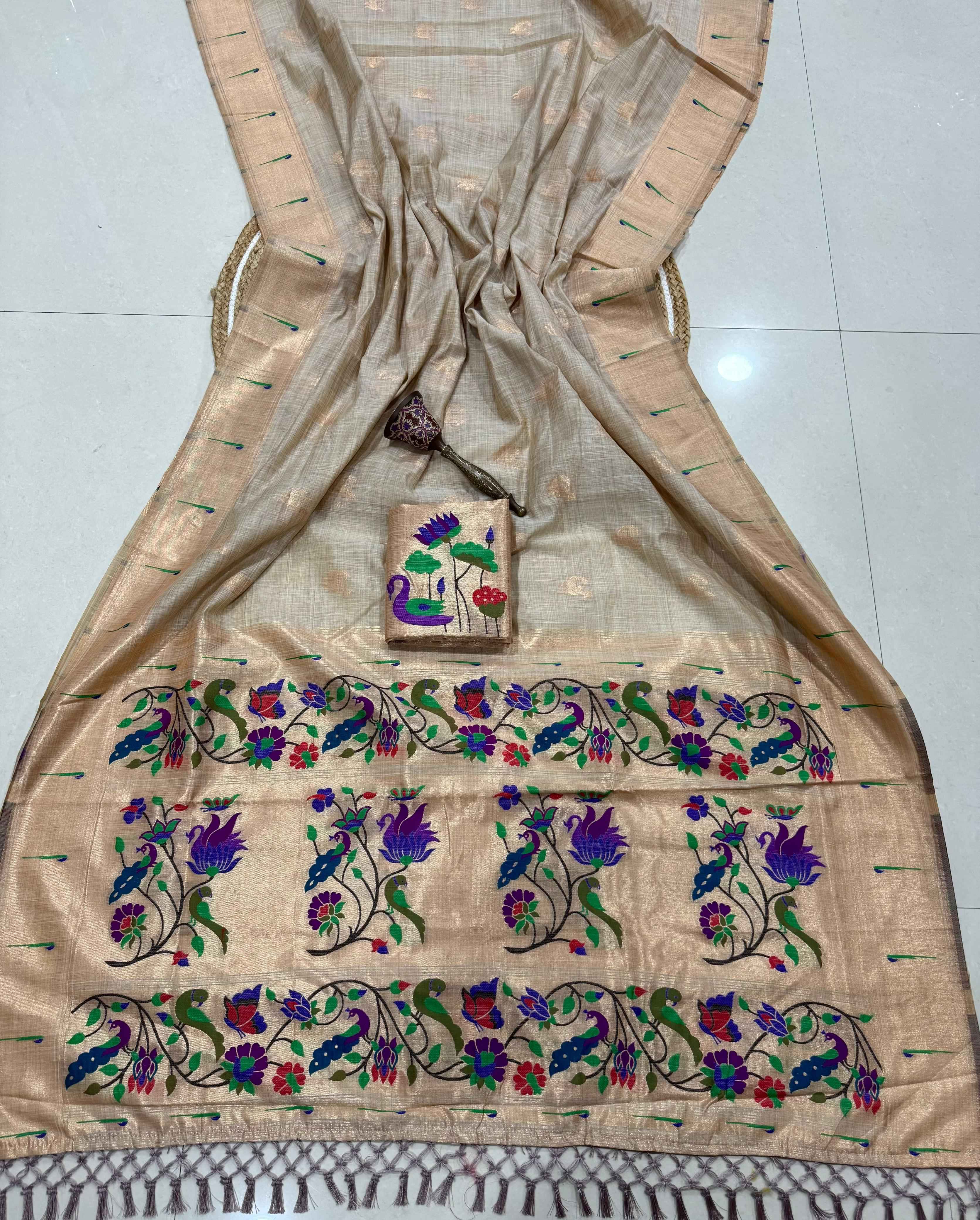 PURE SOFT MUGA COTTON ZARI WEAVING MUNIYA PAITHANI SAREE 1