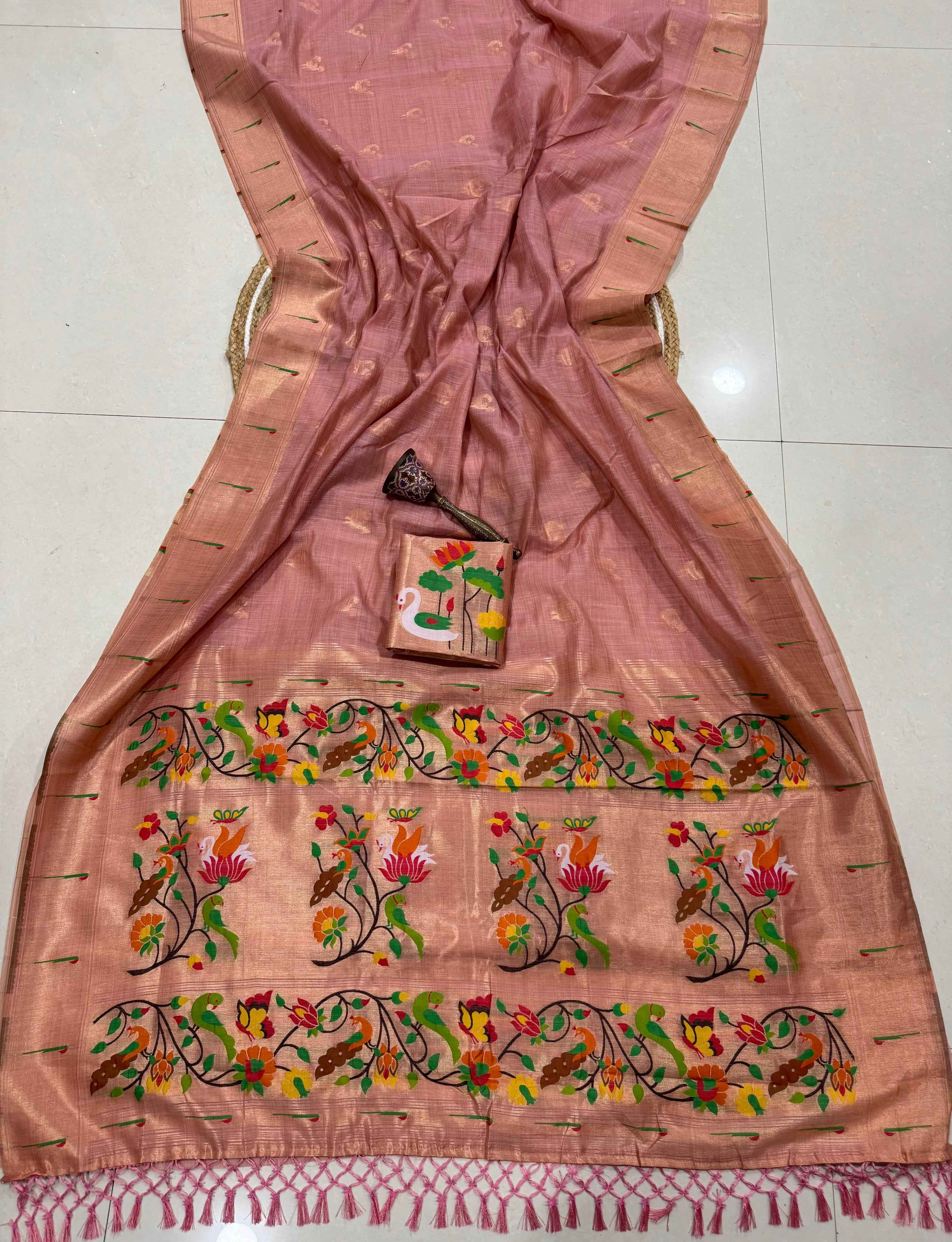 PURE SOFT MUGA COTTON ZARI WEAVING MUNIYA PAITHANI SAREE 1