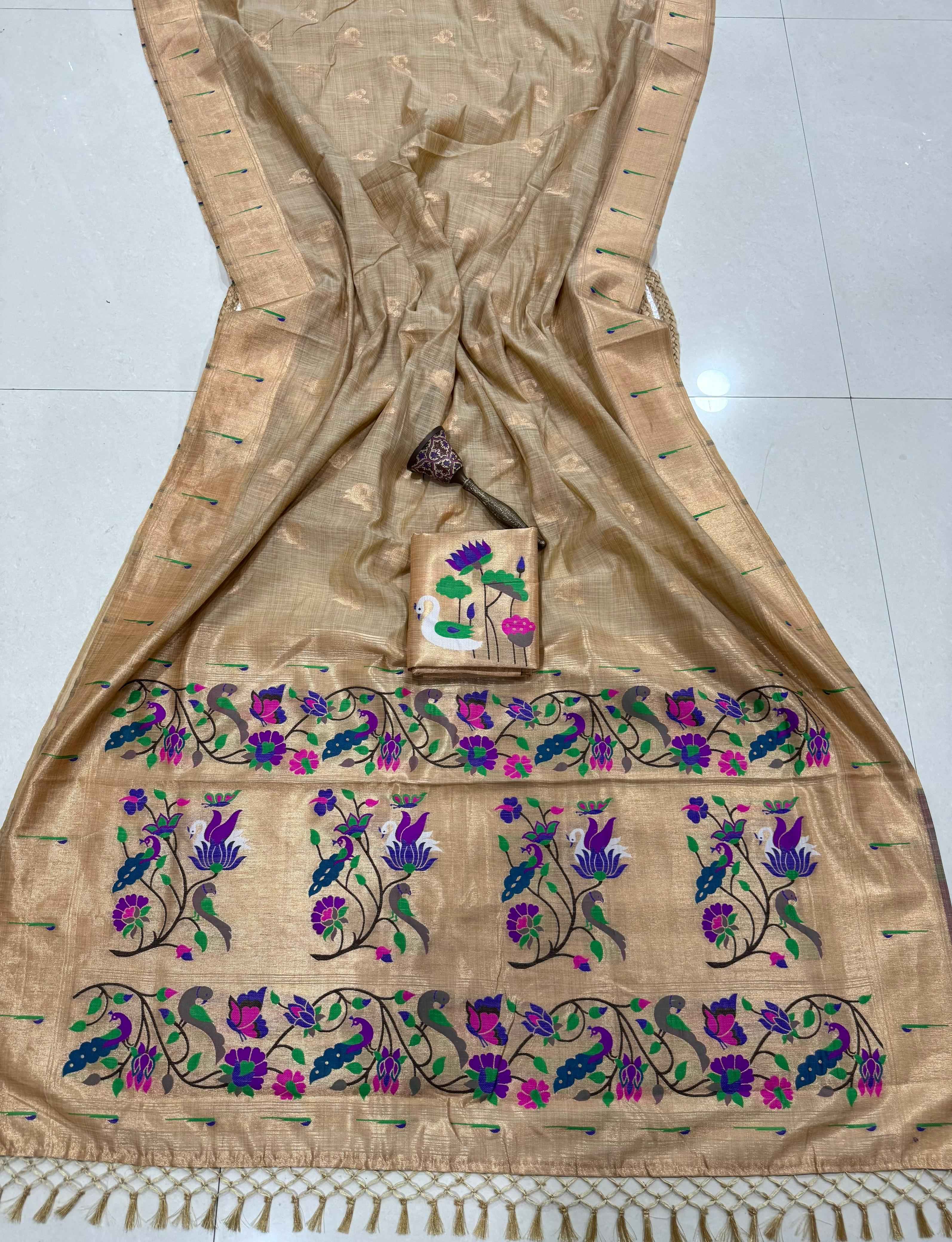 PURE SOFT MUGA COTTON ZARI WEAVING MUNIYA PAITHANI SAREE 1