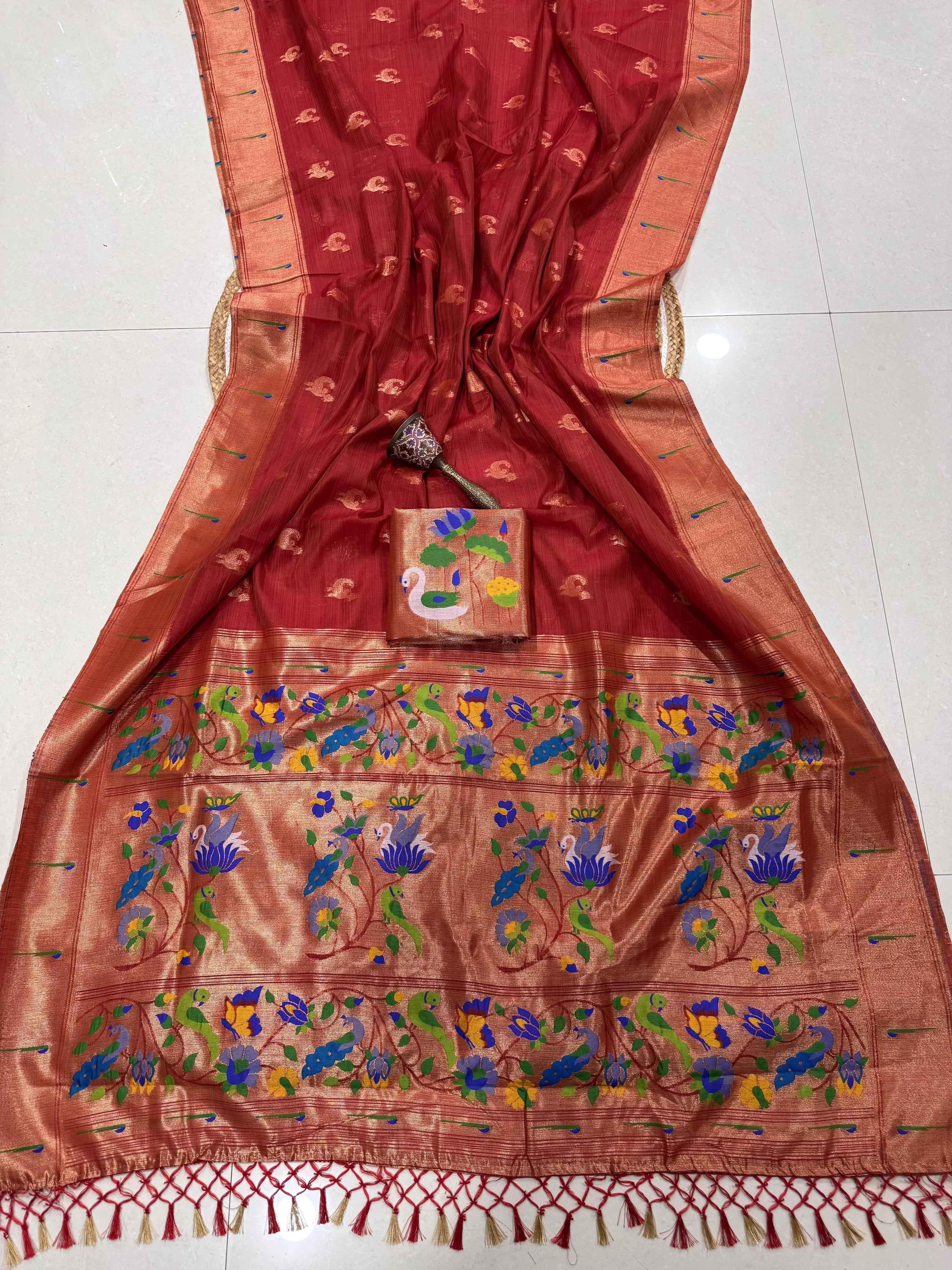 PURE SOFT MUGA COTTON ZARI WEAVING MUNIYA PAITHANI SAREE 1