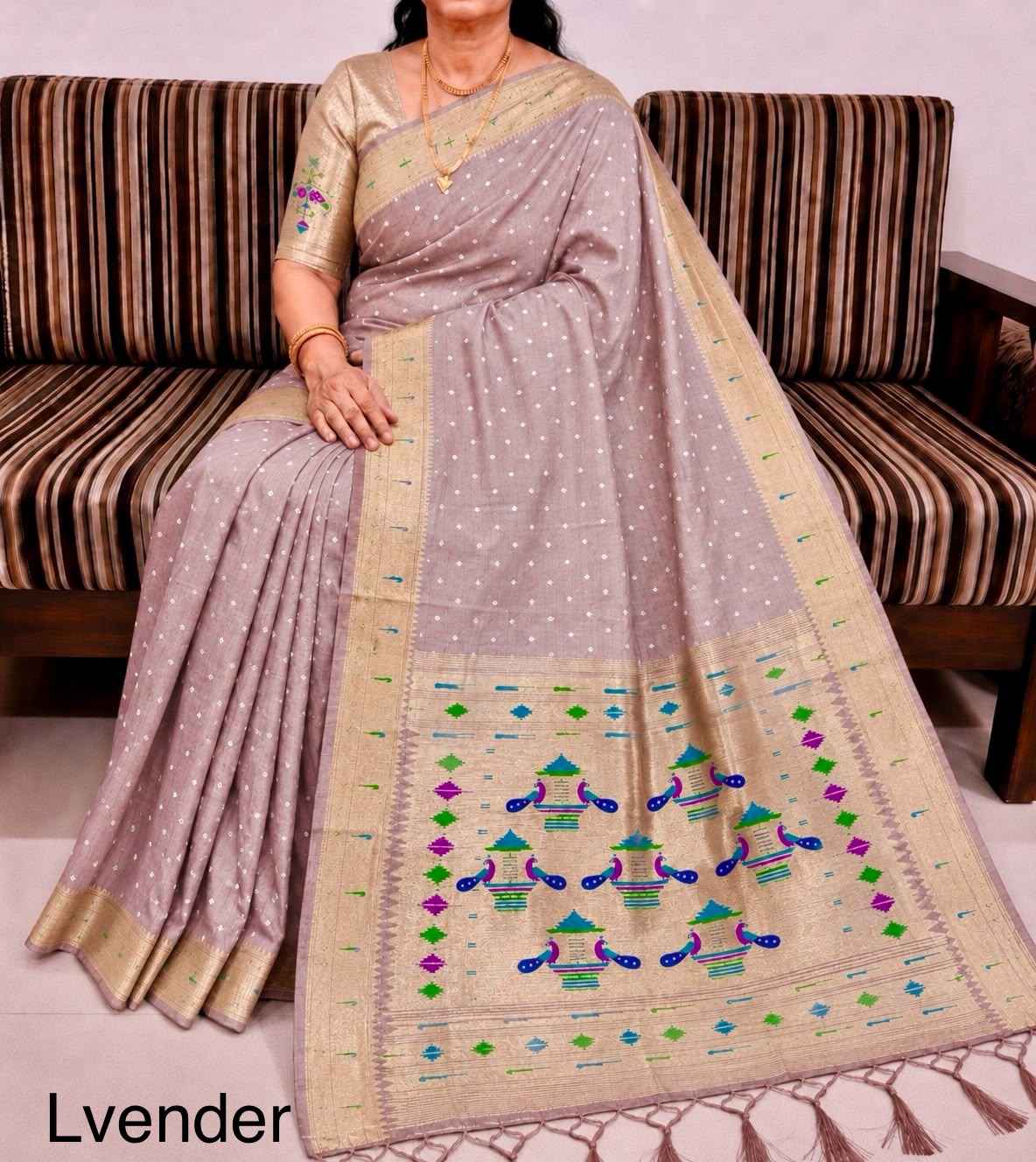 PURE SOFT MUGA COTTON BANDHEJ BUTTI ZARI WEAVING MUNIYA PAITHANI SAREE 
