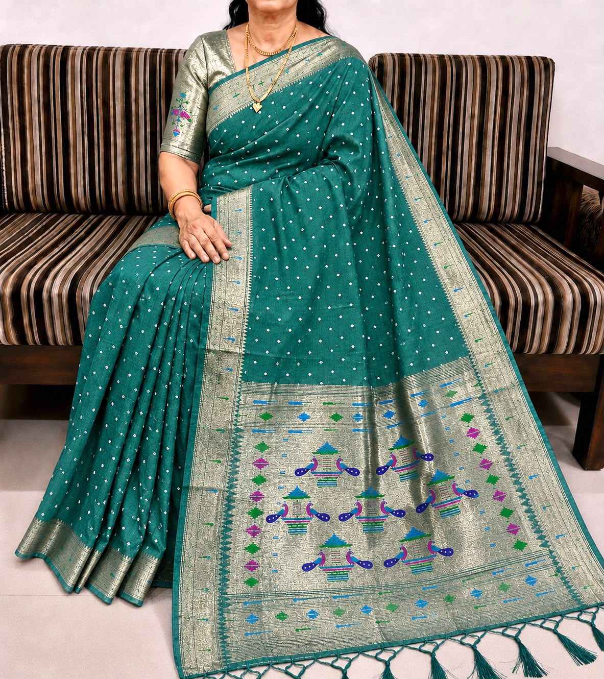 PURE SOFT MUGA COTTON BANDHEJ BUTTI ZARI WEAVING MUNIYA PAITHANI SAREE 