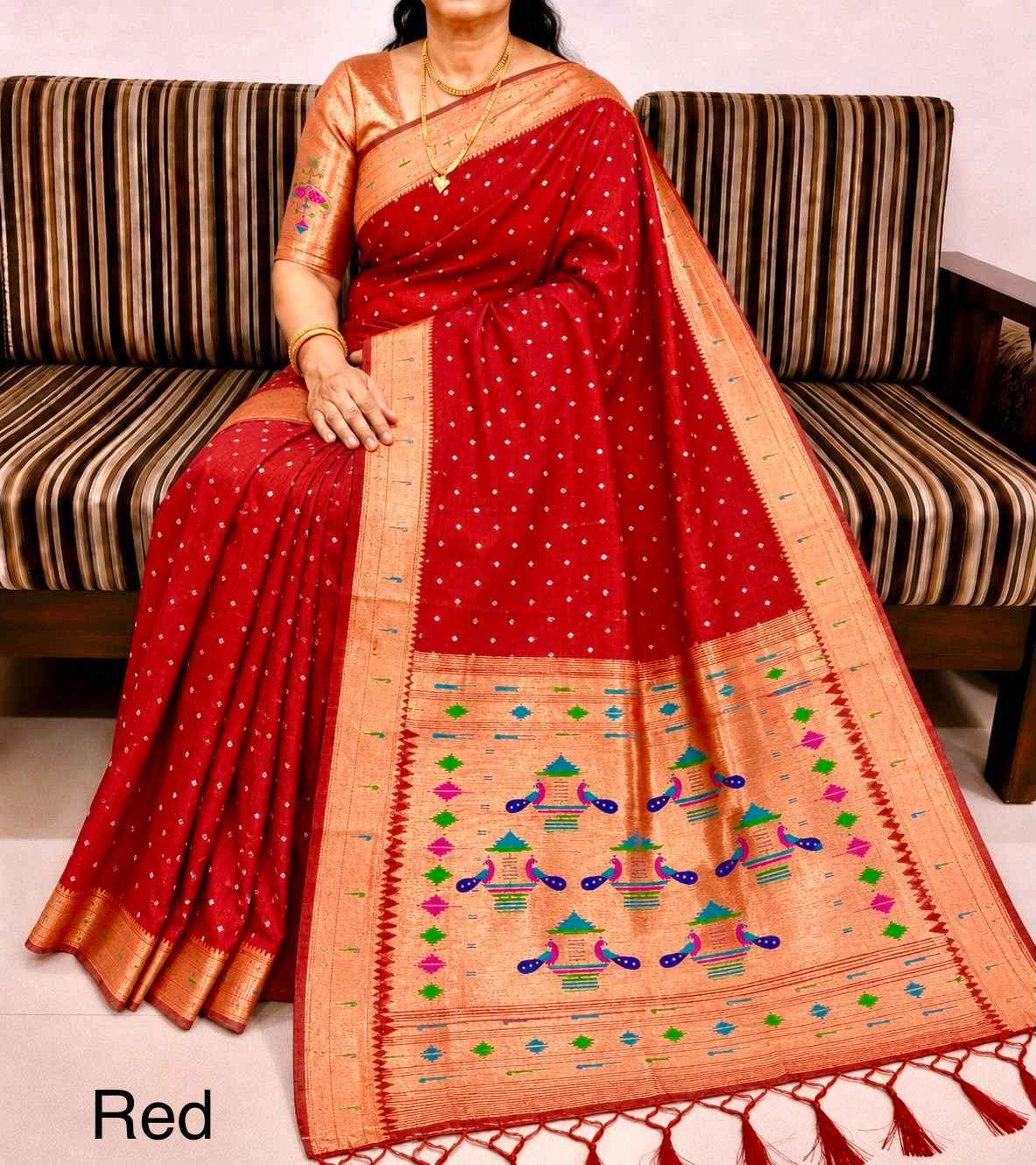 PURE SOFT MUGA COTTON BANDHEJ BUTTI ZARI WEAVING MUNIYA PAITHANI SAREE 