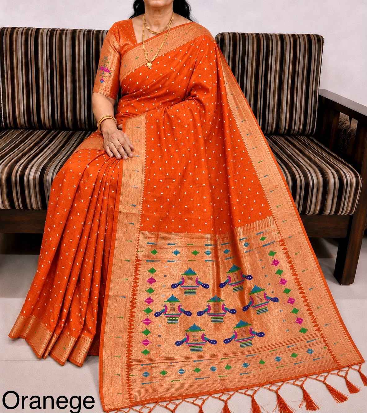 PURE SOFT MUGA COTTON BANDHEJ BUTTI ZARI WEAVING MUNIYA PAITHANI SAREE 