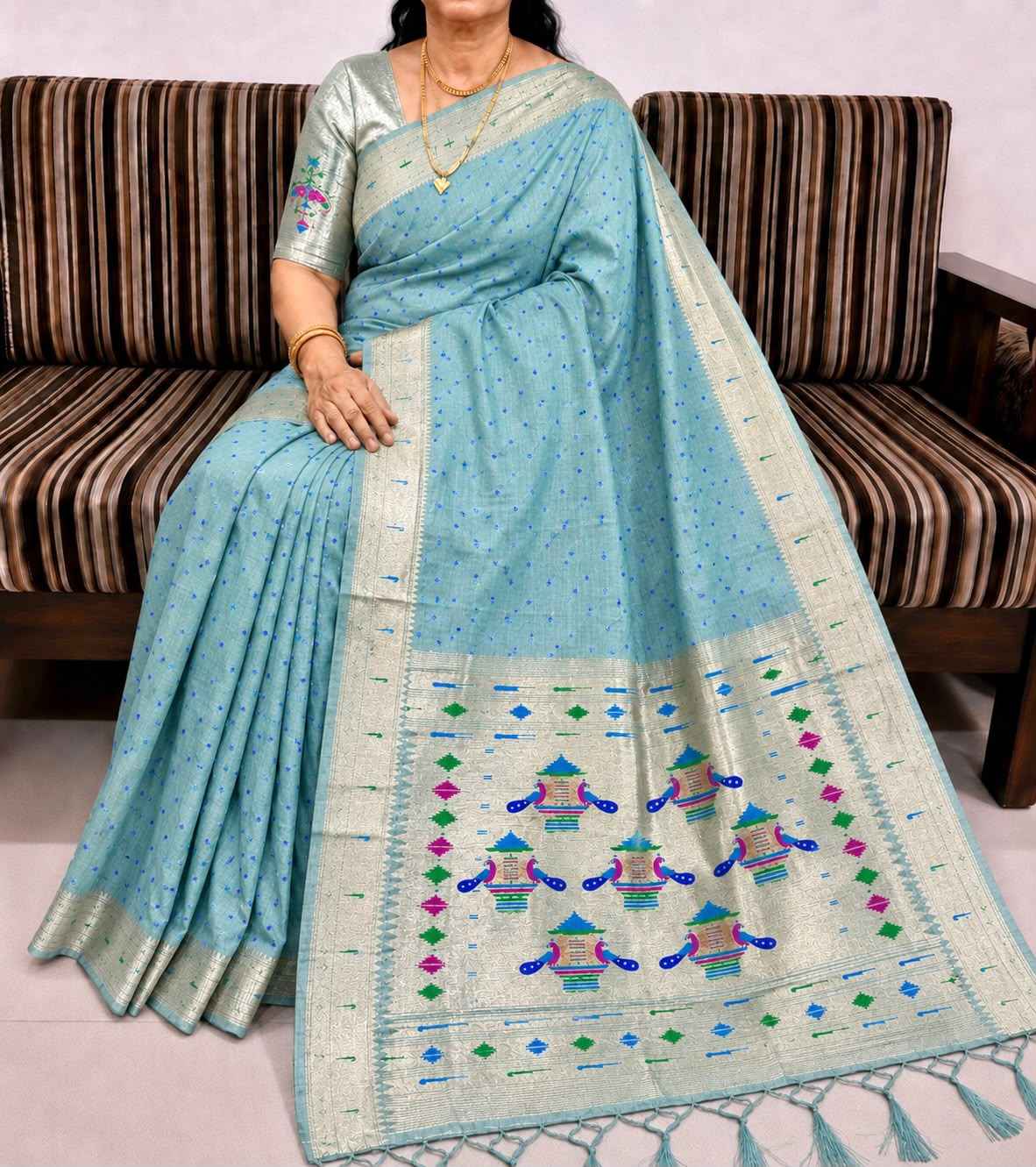PURE SOFT MUGA COTTON BANDHEJ BUTTI ZARI WEAVING MUNIYA PAITHANI SAREE 