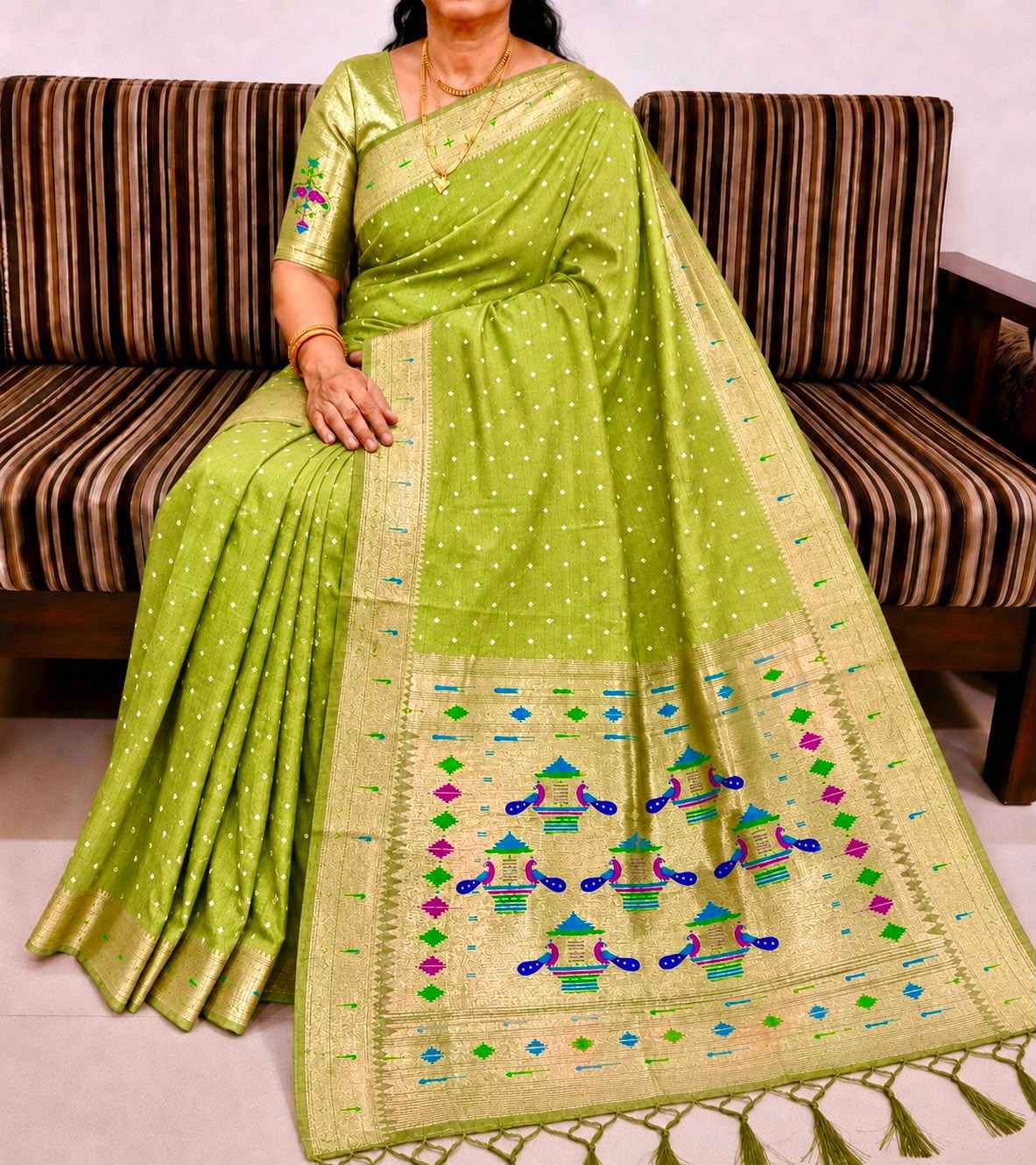 PURE SOFT MUGA COTTON BANDHEJ BUTTI ZARI WEAVING MUNIYA PAITHANI SAREE 