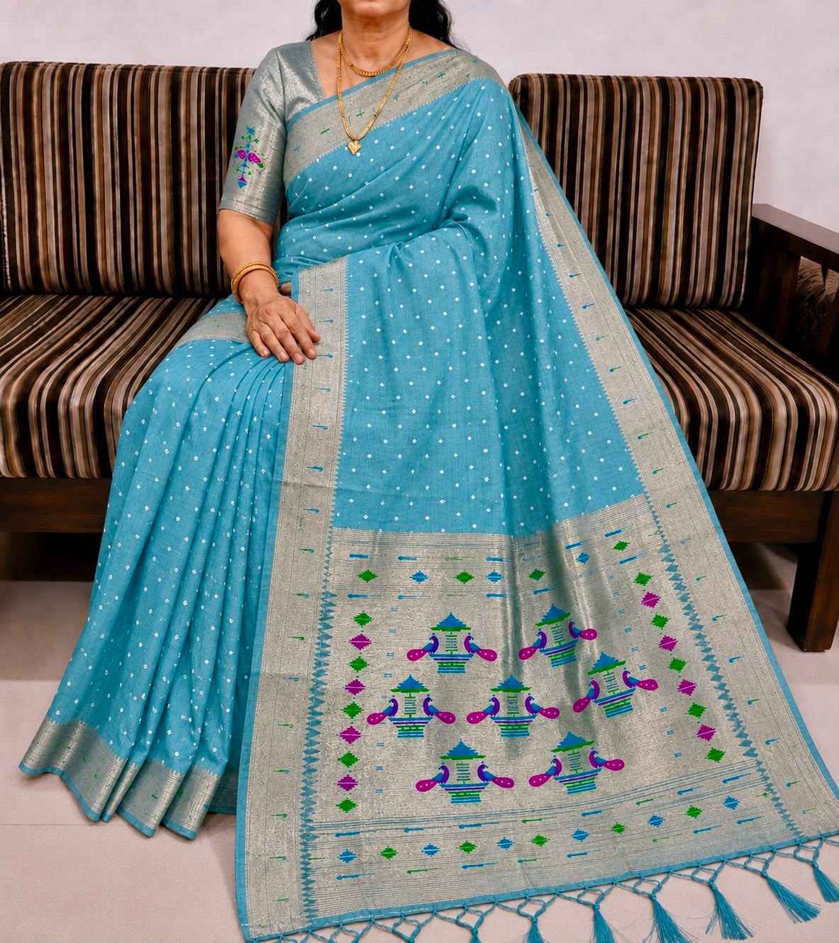 PURE SOFT MUGA COTTON BANDHEJ BUTTI ZARI WEAVING MUNIYA PAITHANI SAREE 