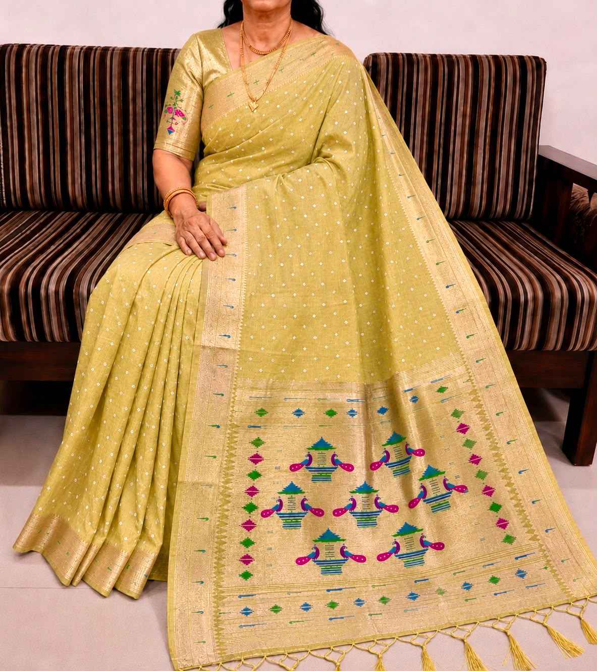 PURE SOFT MUGA COTTON BANDHEJ BUTTI ZARI WEAVING MUNIYA PAITHANI SAREE 