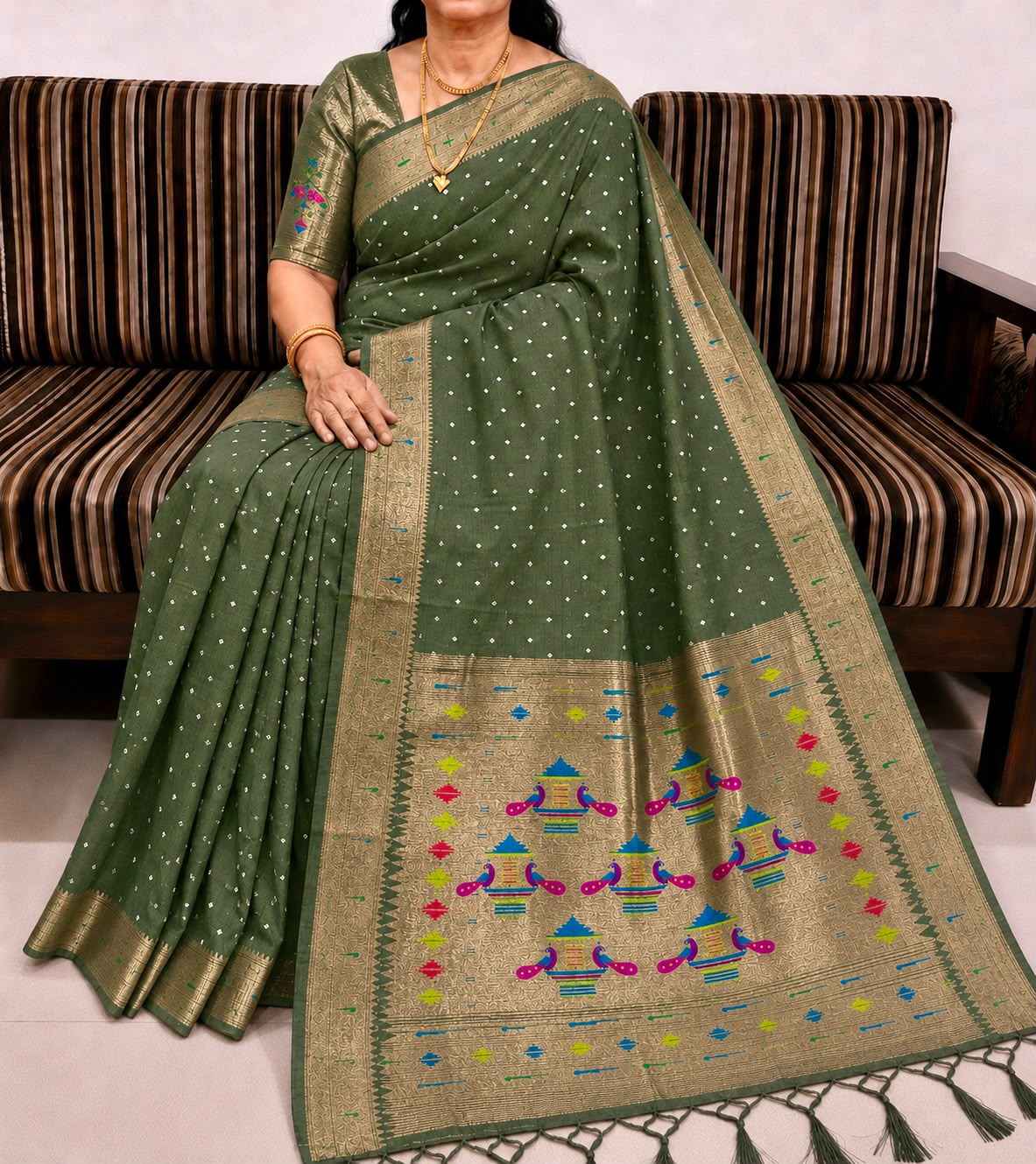 PURE SOFT MUGA COTTON BANDHEJ BUTTI ZARI WEAVING MUNIYA PAITHANI SAREE 