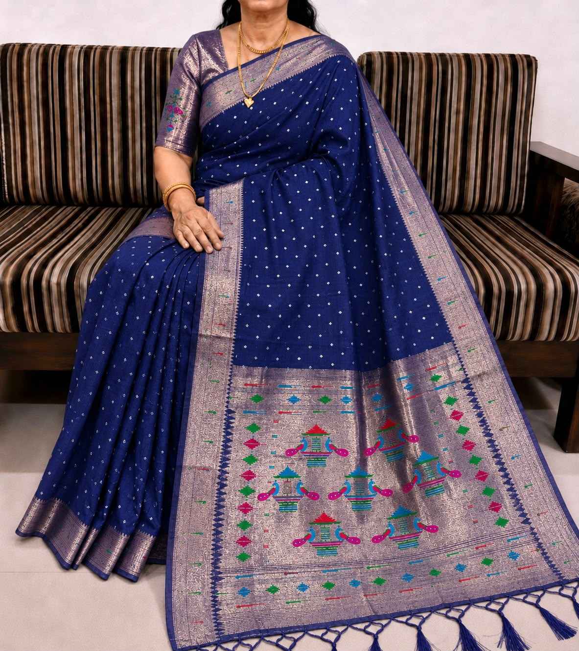 PURE SOFT MUGA COTTON BANDHEJ BUTTI ZARI WEAVING MUNIYA PAITHANI SAREE 