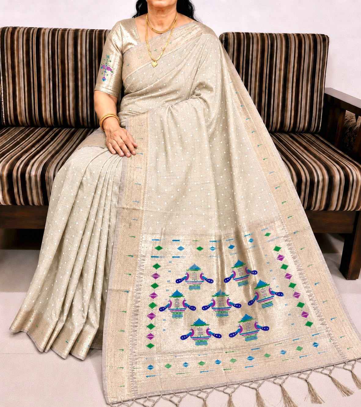 PURE SOFT MUGA COTTON BANDHEJ BUTTI ZARI WEAVING MUNIYA PAITHANI SAREE 