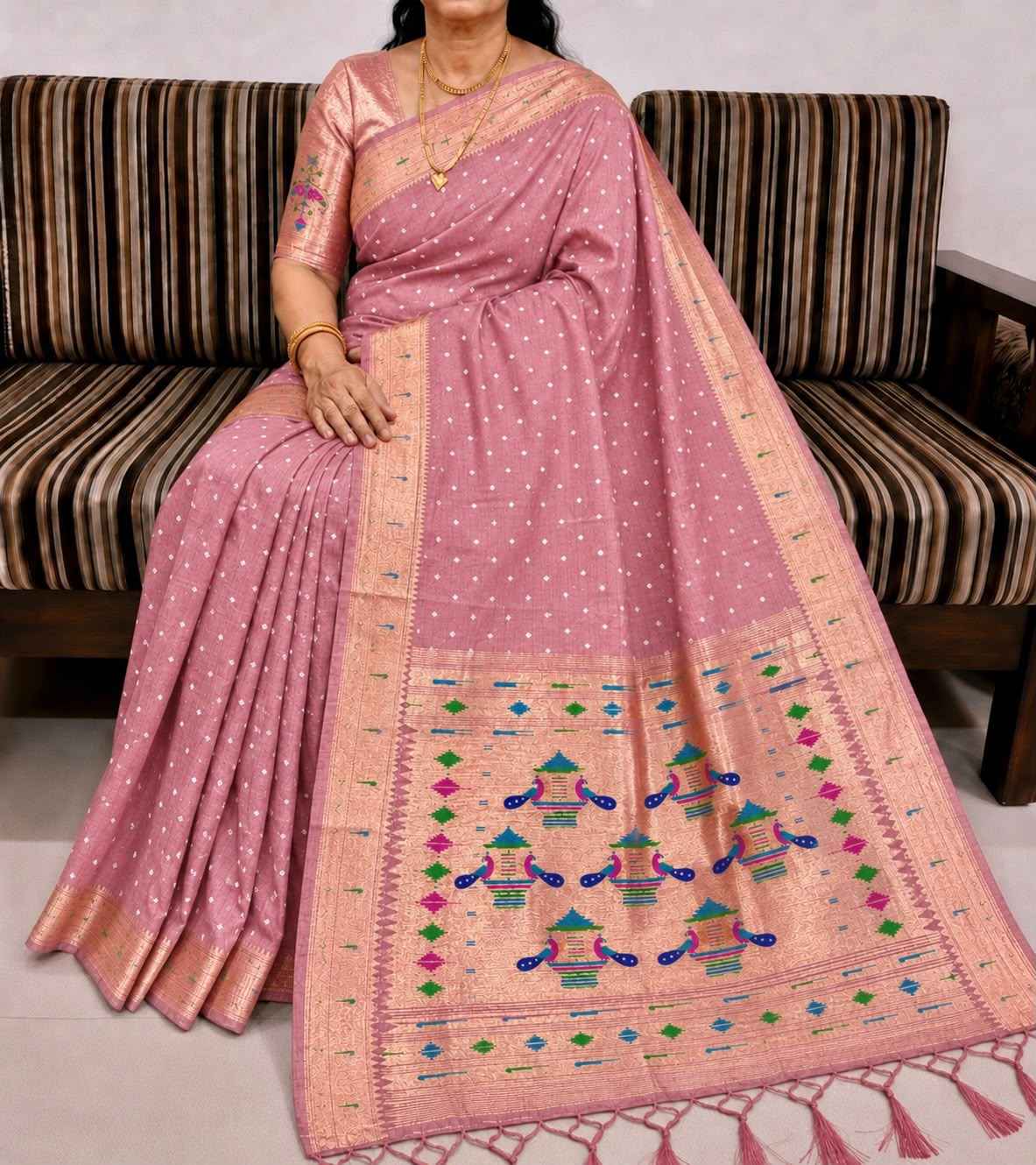 PURE SOFT MUGA COTTON BANDHEJ BUTTI ZARI WEAVING MUNIYA PAITHANI SAREE 