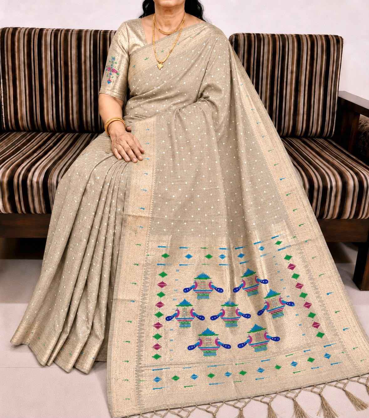 PURE SOFT MUGA COTTON BANDHEJ BUTTI ZARI WEAVING MUNIYA PAITHANI SAREE 