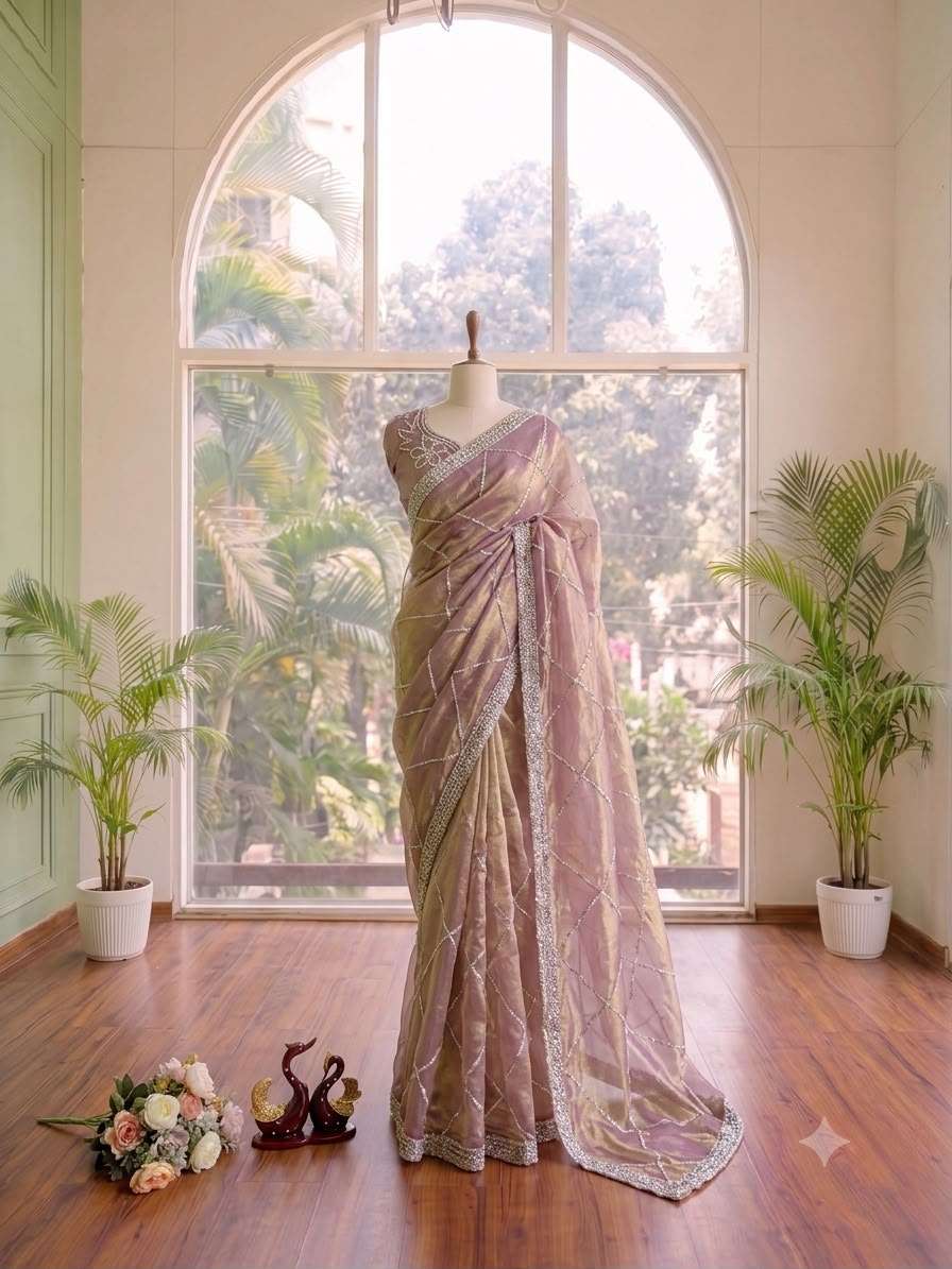 PURE SPACE SILK JARKHAN DIAMOND WORK SAREE
