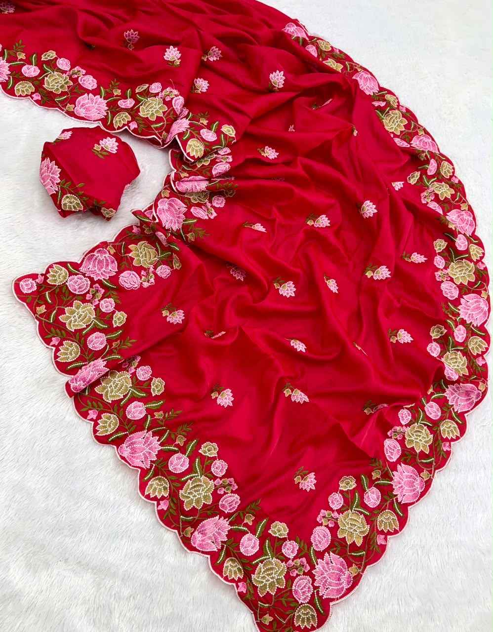 PURE TUSSAR SILK FLOWER THREAD EMBROIDERY WORK SAREE 