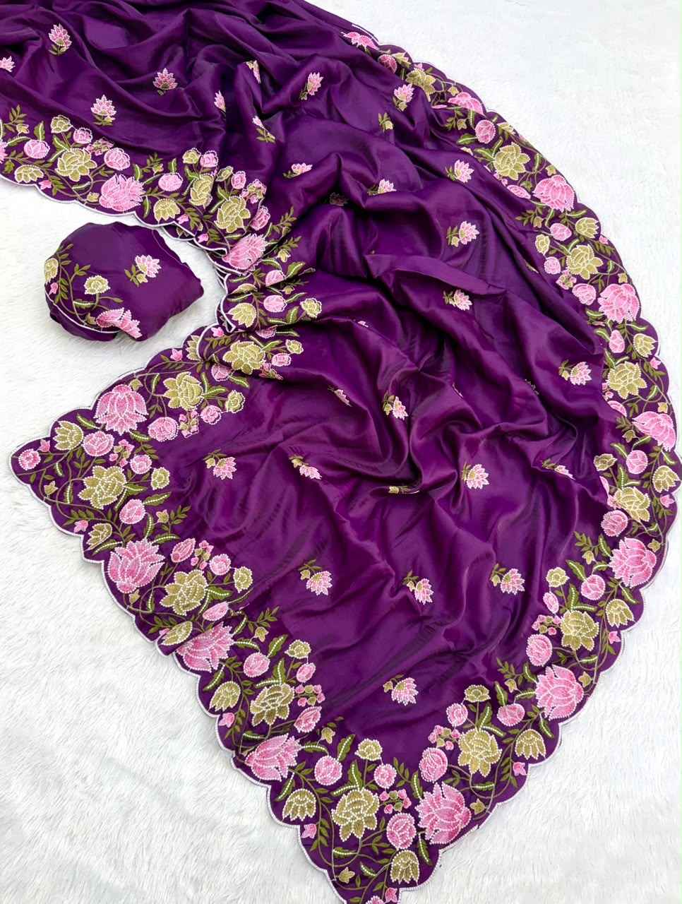 PURE TUSSAR SILK FLOWER THREAD EMBROIDERY WORK SAREE 