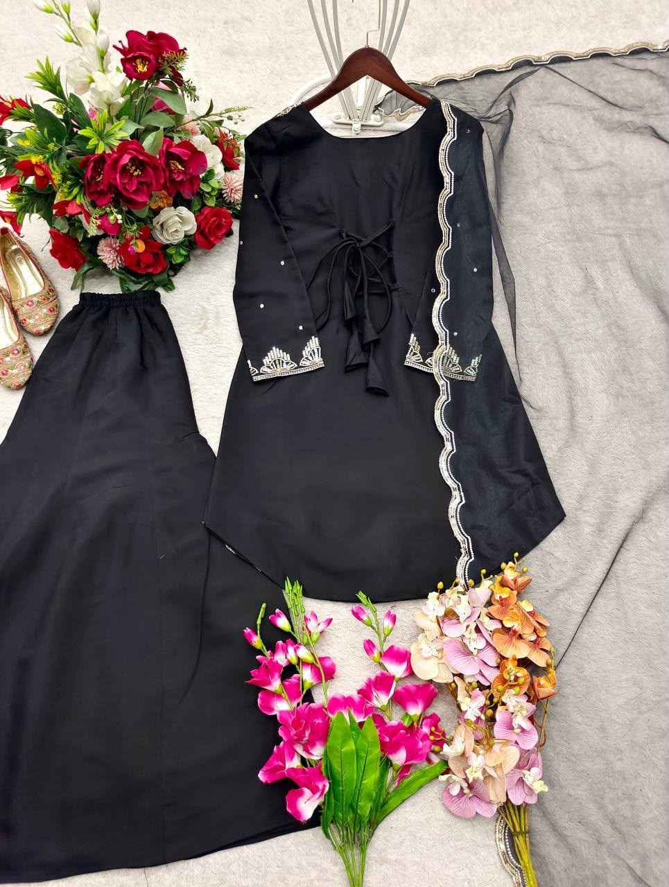 PURE ROMAN SILK EMBROIDERY SEQUENCES WORK READYMADE SUIT