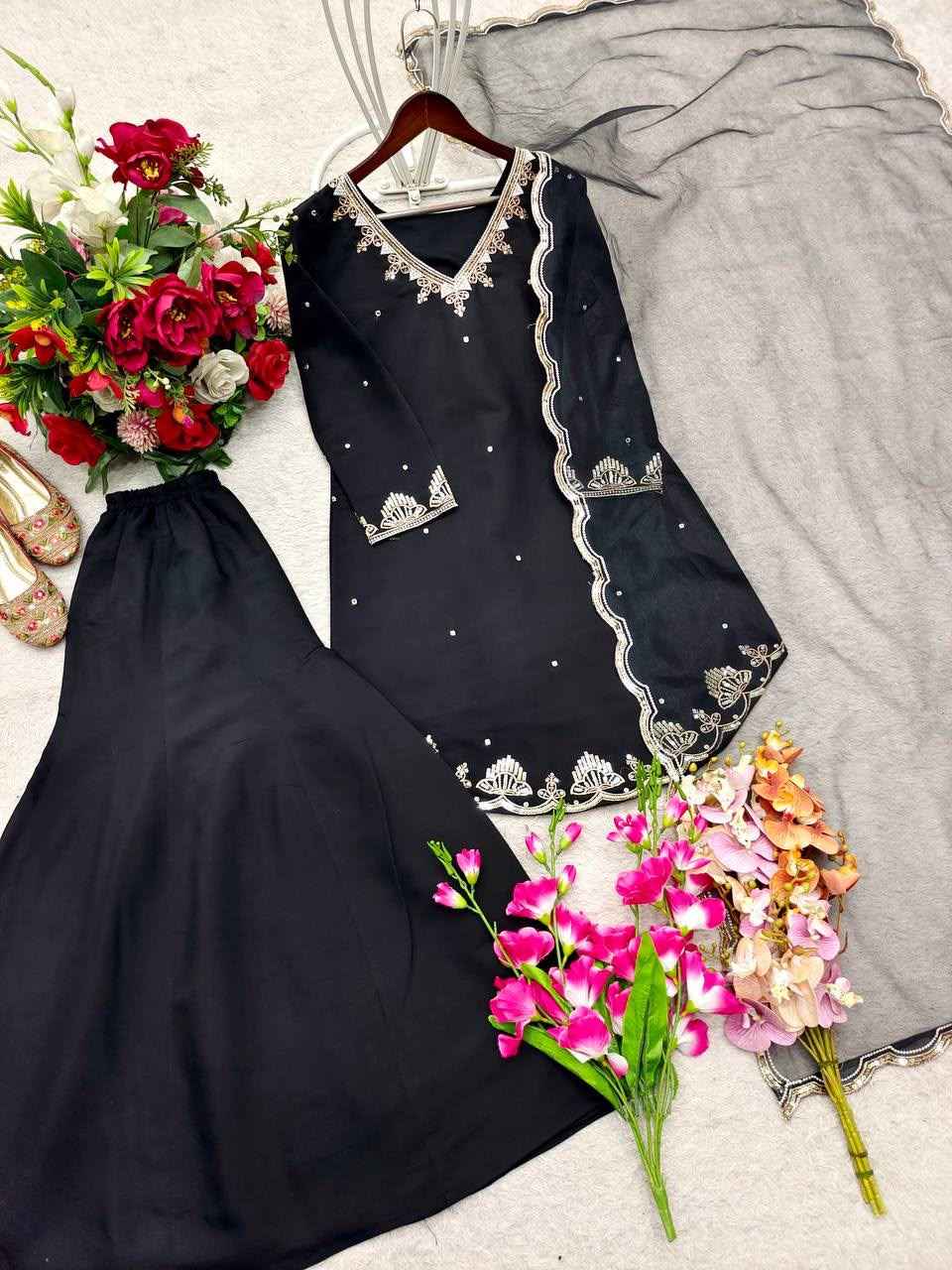 PURE ROMAN SILK EMBROIDERY SEQUENCES WORK READYMADE SUIT