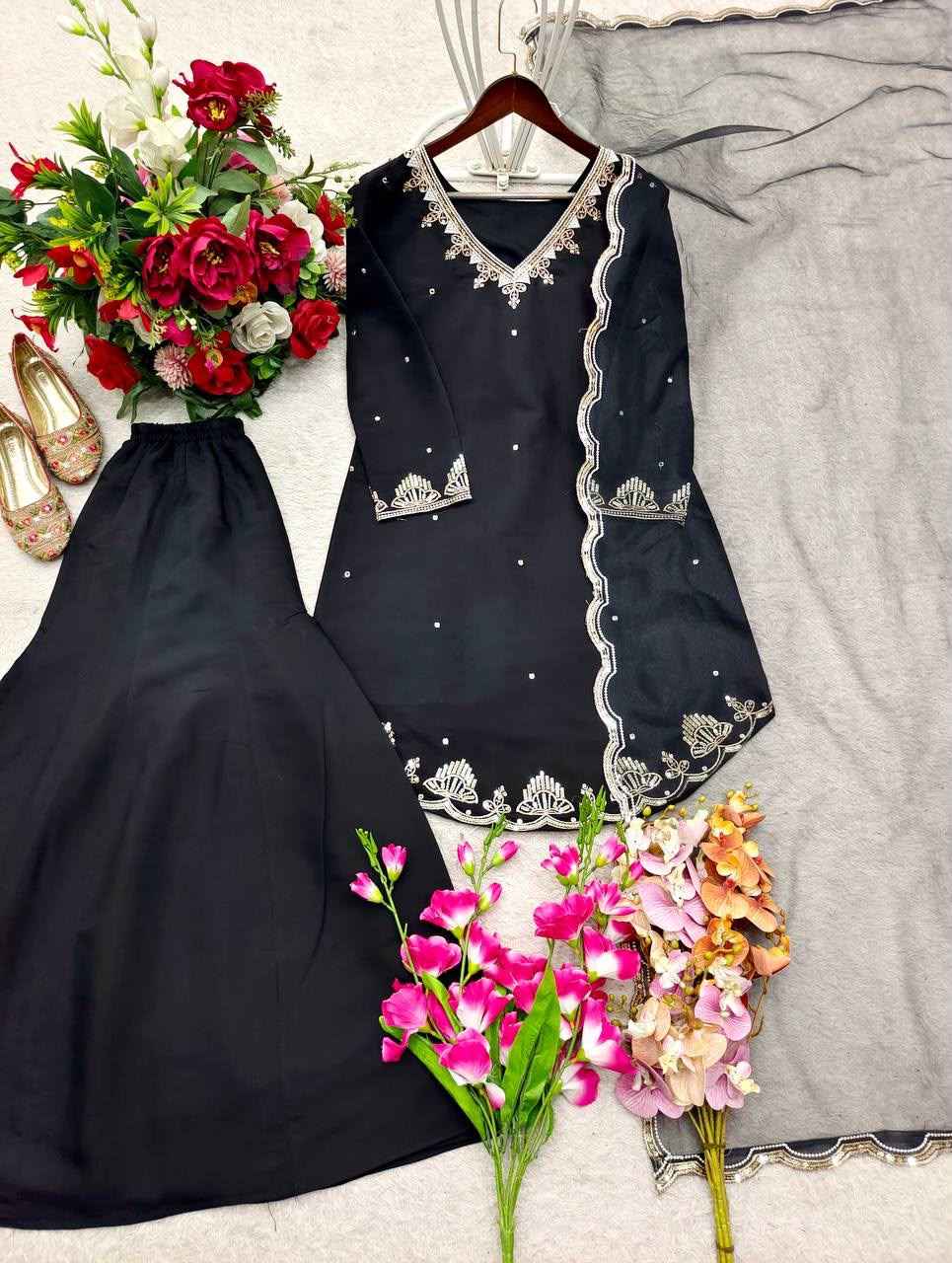 PURE ROMAN SILK EMBROIDERY SEQUENCES WORK READYMADE SUIT