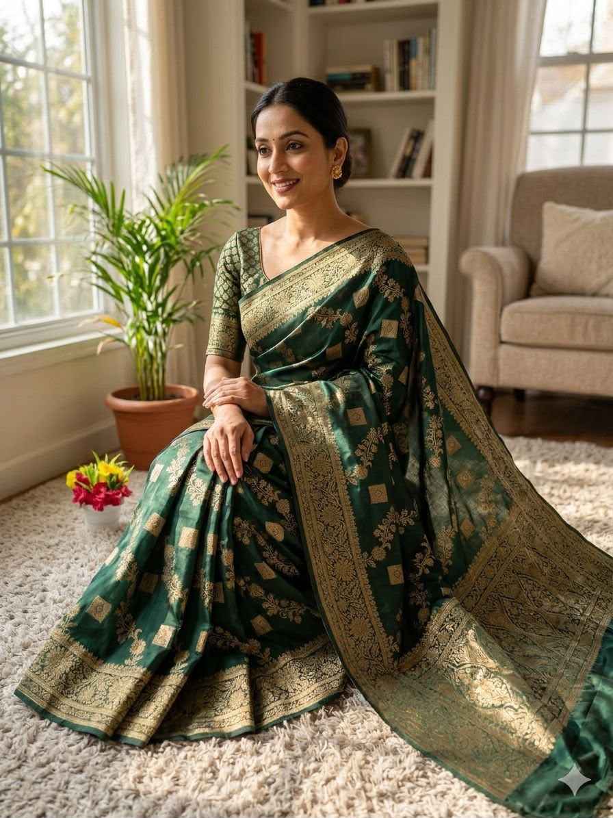 SOFT BANARASI SILK WITH FLOWERS ZARI WEAVING SAREE 