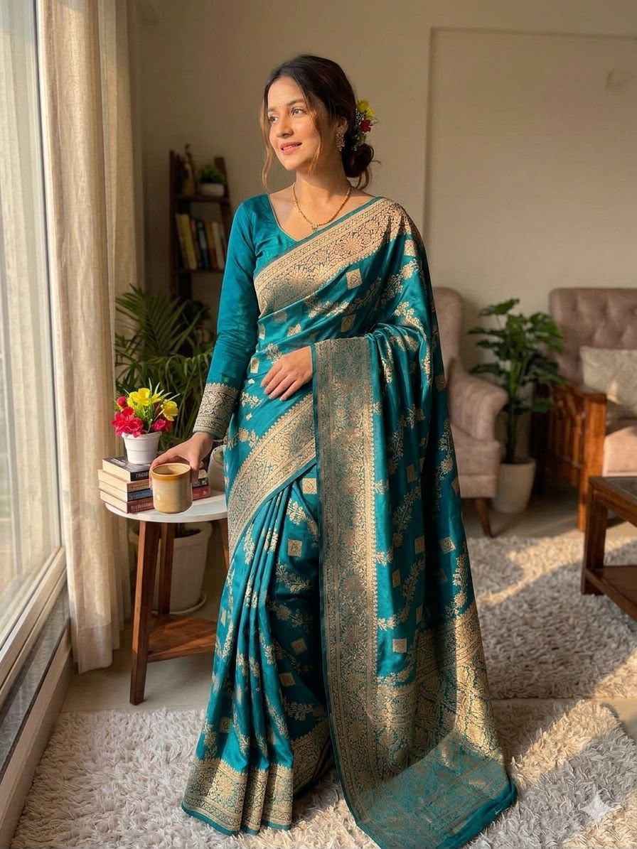 SOFT BANARASI SILK WITH FLOWERS ZARI WEAVING SAREE 