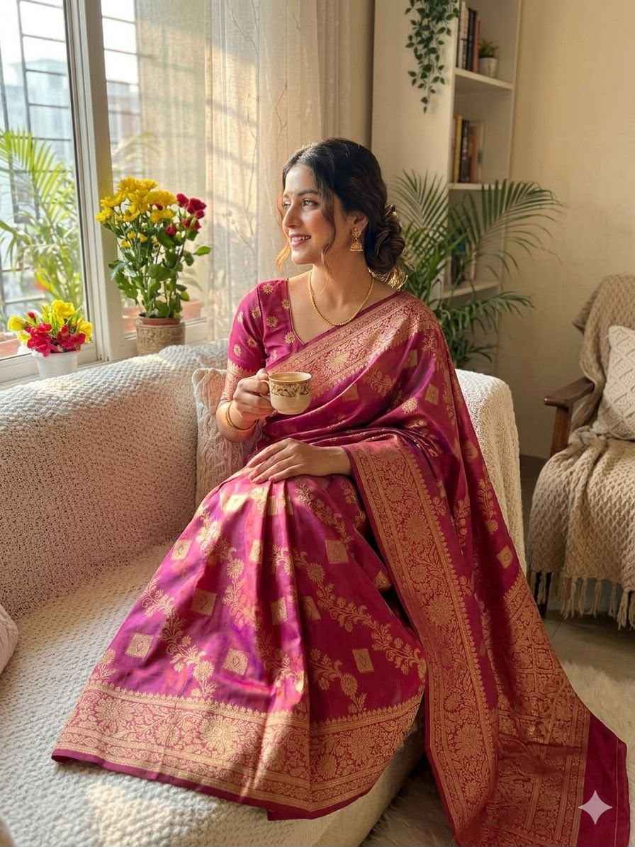 SOFT BANARASI SILK WITH FLOWERS ZARI WEAVING SAREE 