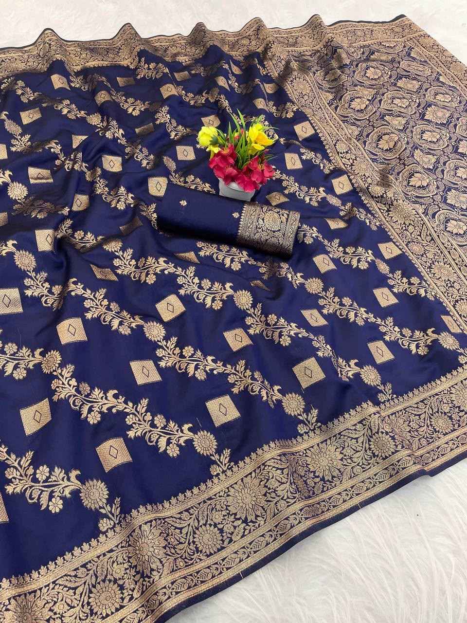 SOFT BANARASI SILK WITH FLOWERS ZARI WEAVING SAREE 