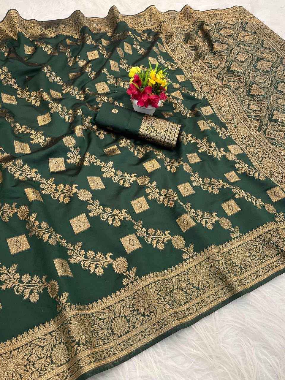 SOFT BANARASI SILK WITH FLOWERS ZARI WEAVING SAREE 