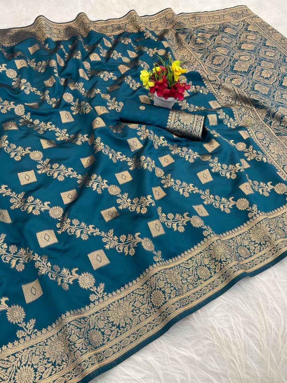 SOFT BANARASI SILK WITH FLOWERS ZARI WEAVING SAREE 
