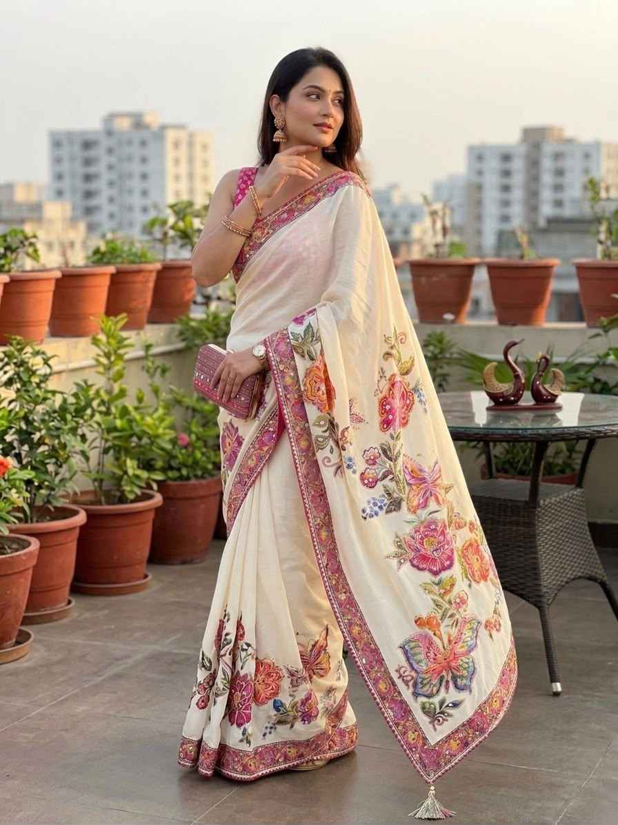 SOFT CHINNON SILK FLORAL PRINT MIRROR WORK SAREE