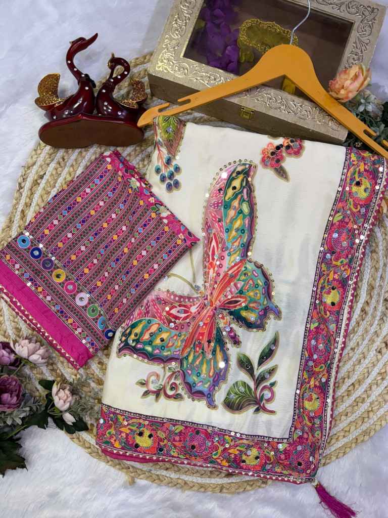 SOFT CHINNON SILK FLORAL PRINT MIRROR WORK SAREE