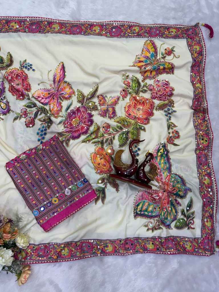SOFT CHINNON SILK FLORAL PRINT MIRROR WORK SAREE