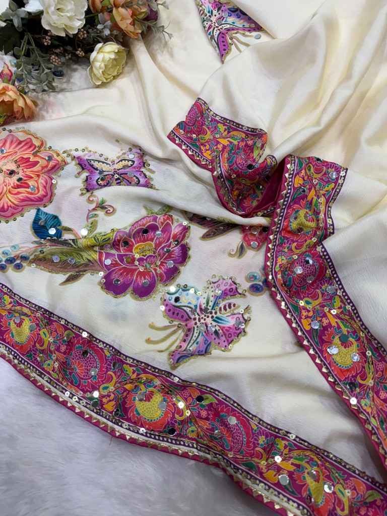 SOFT CHINNON SILK FLORAL PRINT MIRROR WORK SAREE