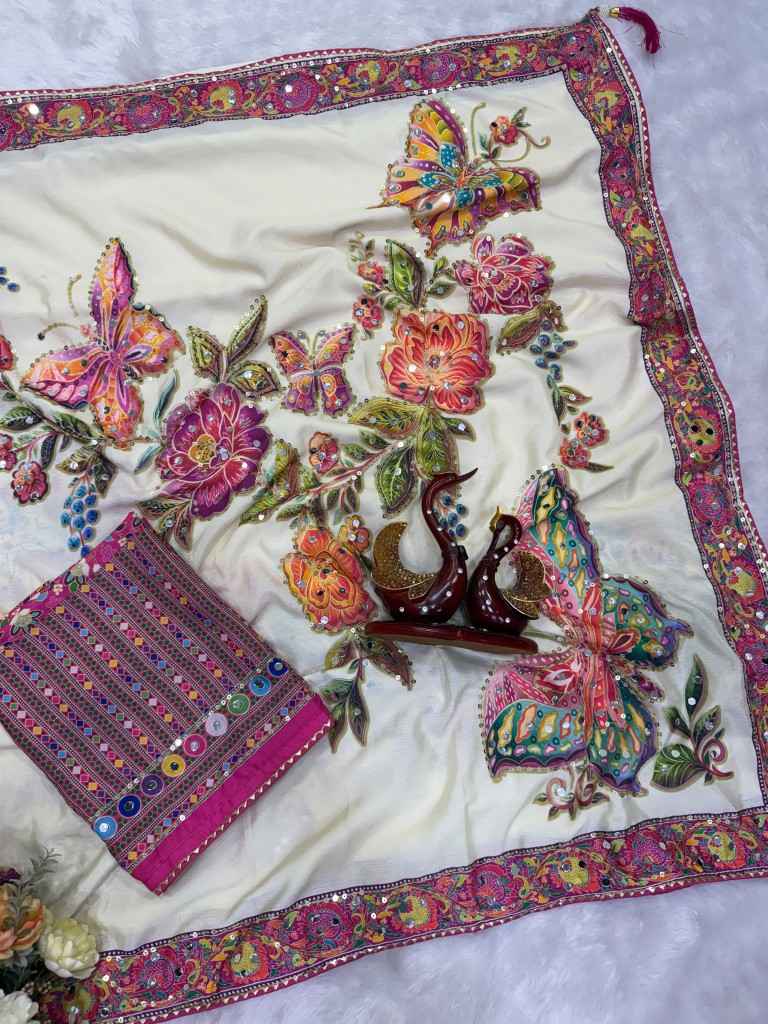 SOFT CHINNON SILK FLORAL PRINT MIRROR WORK SAREE
