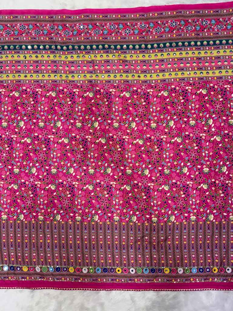 SOFT CHINNON SILK FLORAL PRINT MIRROR WORK SAREE
