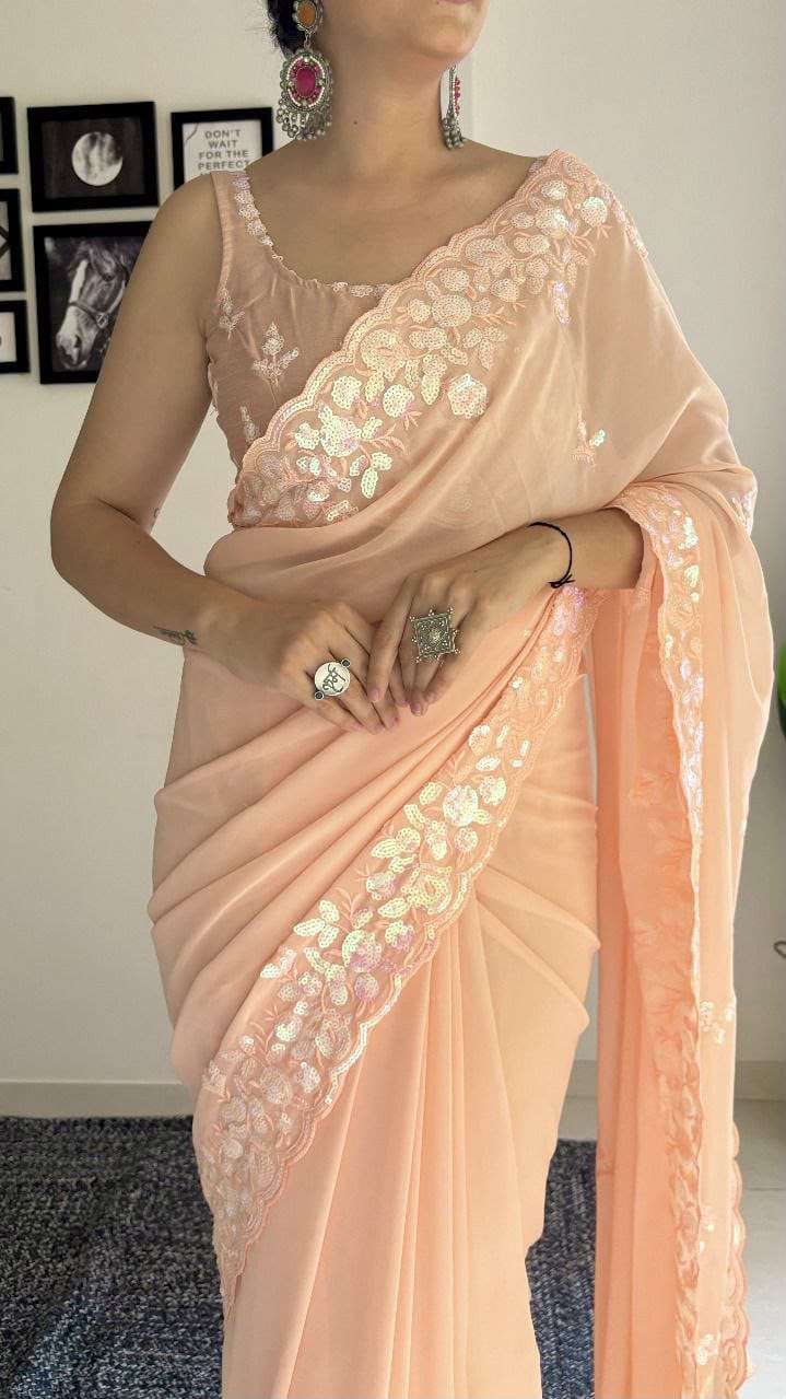 SOFT GEORGETTE C PALLU EMBROIDERY SEQUENCE WORK SAREE